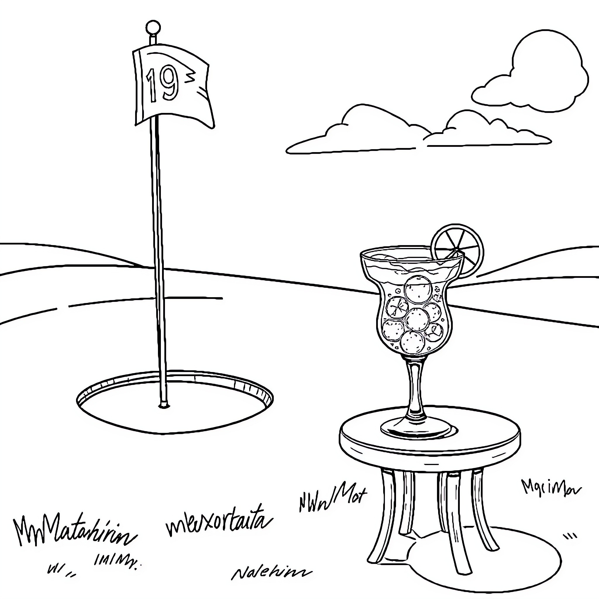 Golf Course with Refreshing Beverage Coloring Page (free black-and-white line drawing printable PDF for all, from beginners to advanced learners, including children, teens, adults, and seniors)