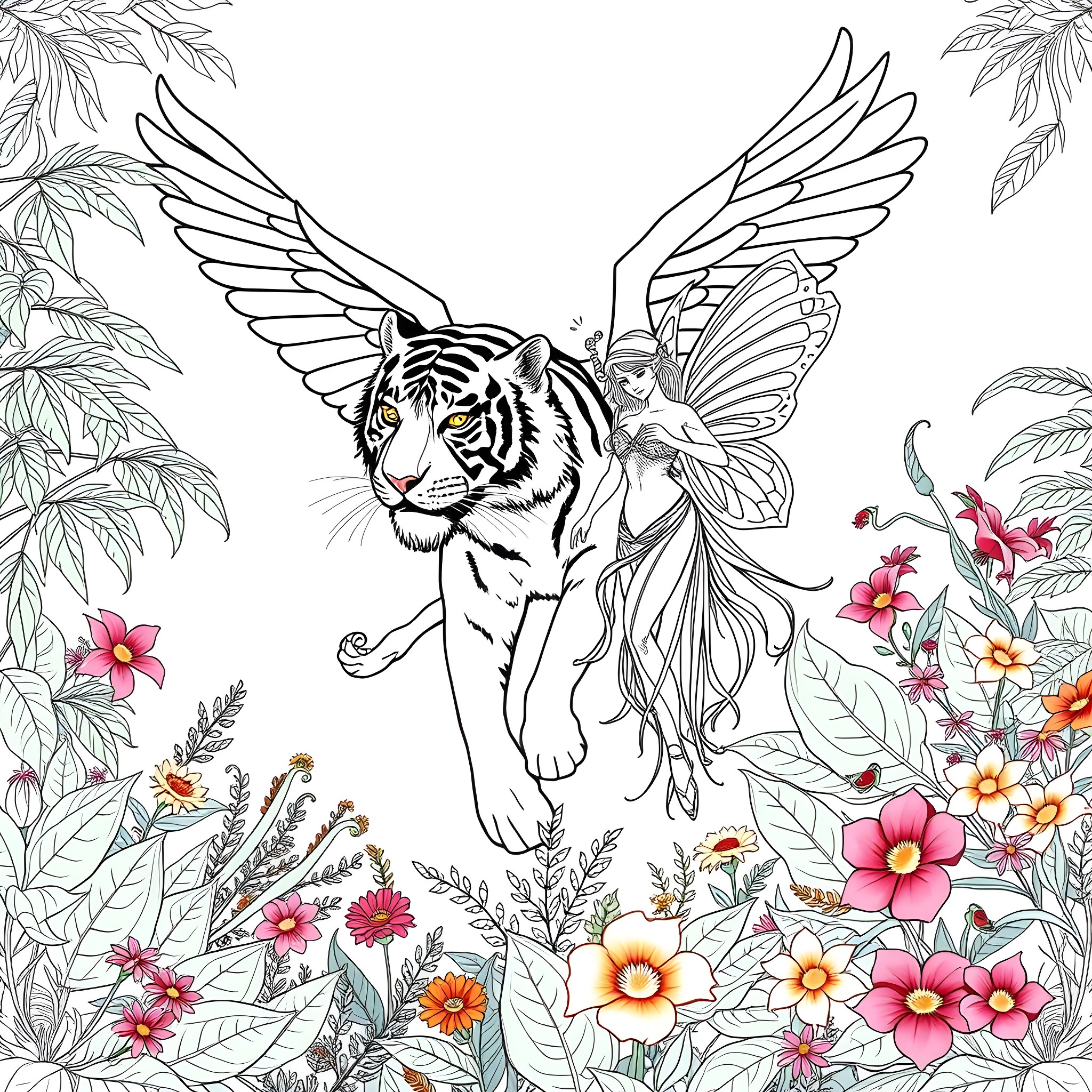 Tiger with Fairy Wings in a Floral Jungle Coloring Page (free black-and-white line drawing printable PDF for all, from beginners to advanced learners, including children, teens, adults, and seniors)