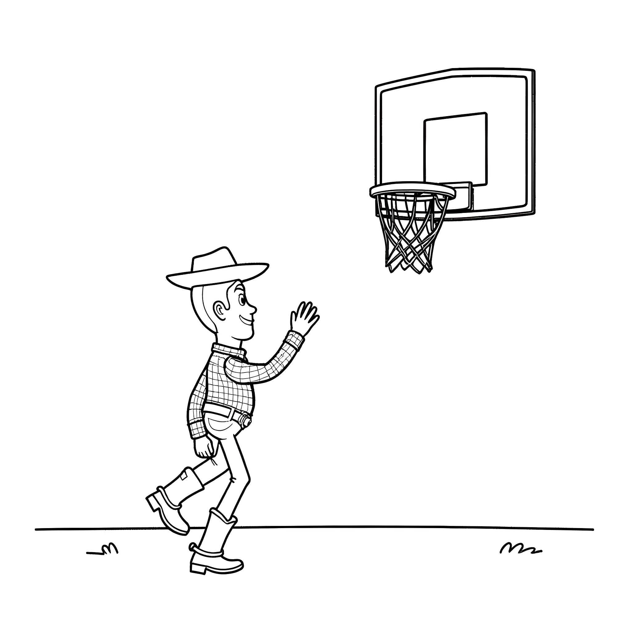 Woody enjoying a game of basketball Coloring Page (free black-and-white line drawing printable PDF for all, from beginners to advanced learners, including children, teens, adults, and seniors)