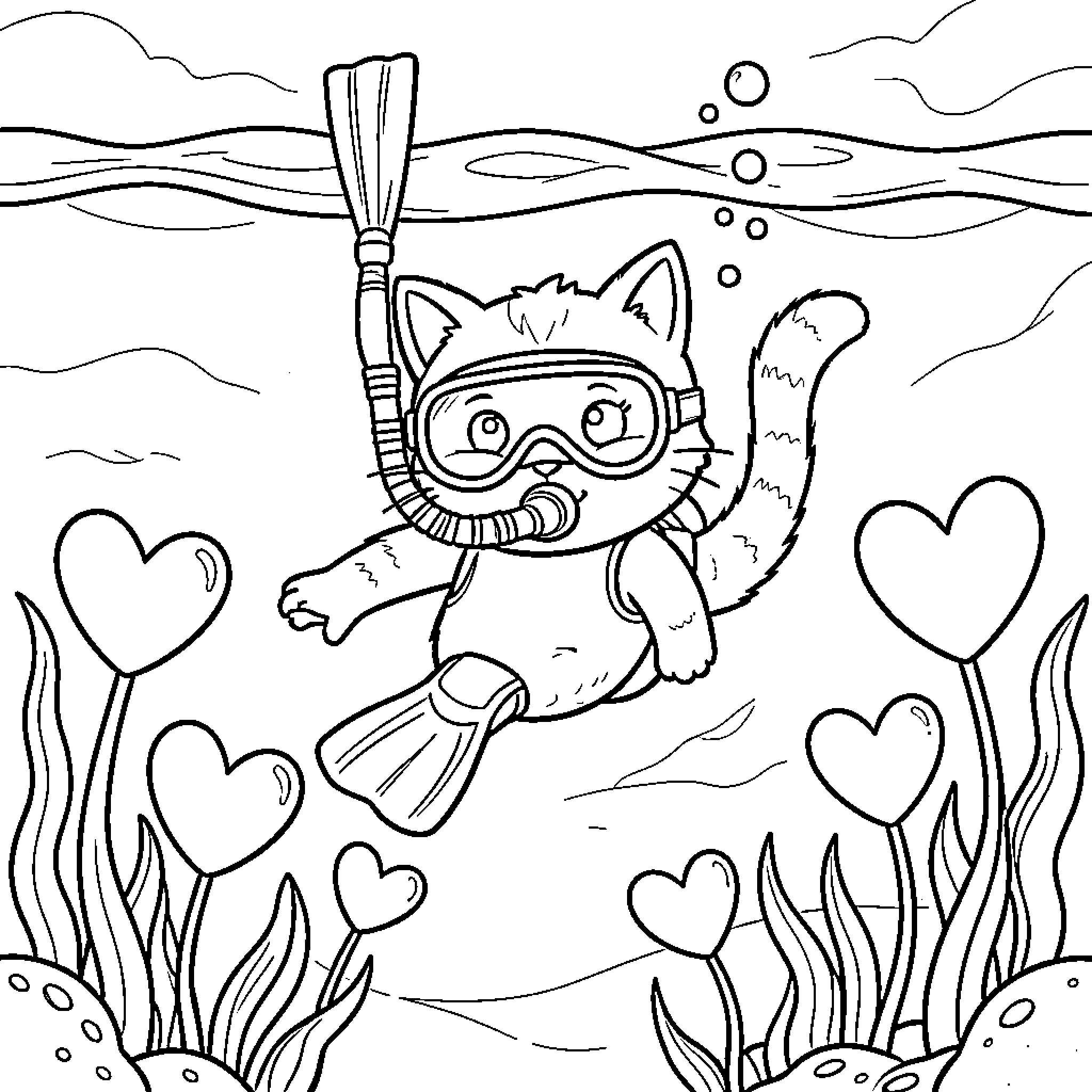 Kitty scuba diving underwater surrounded by heart shaped plants Coloring Page (free black-and-white line drawing printable PDF for all, from beginners to advanced learners, including children, teens, adults, and seniors)