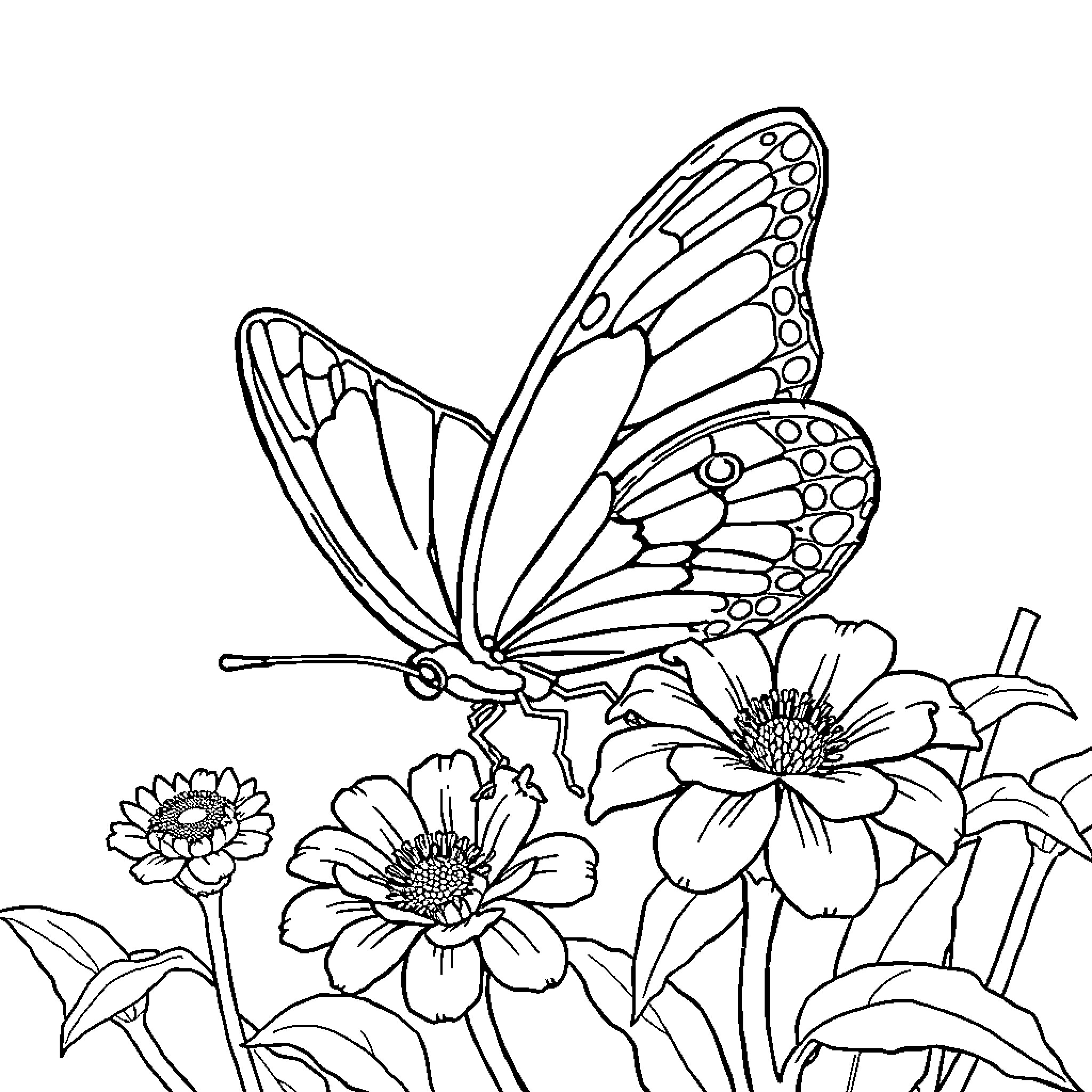 Butterfly resting on blooming flowers Coloring Page (free black-and-white line drawing printable PDF for all, from beginners to advanced learners, including children, teens, adults, and seniors)