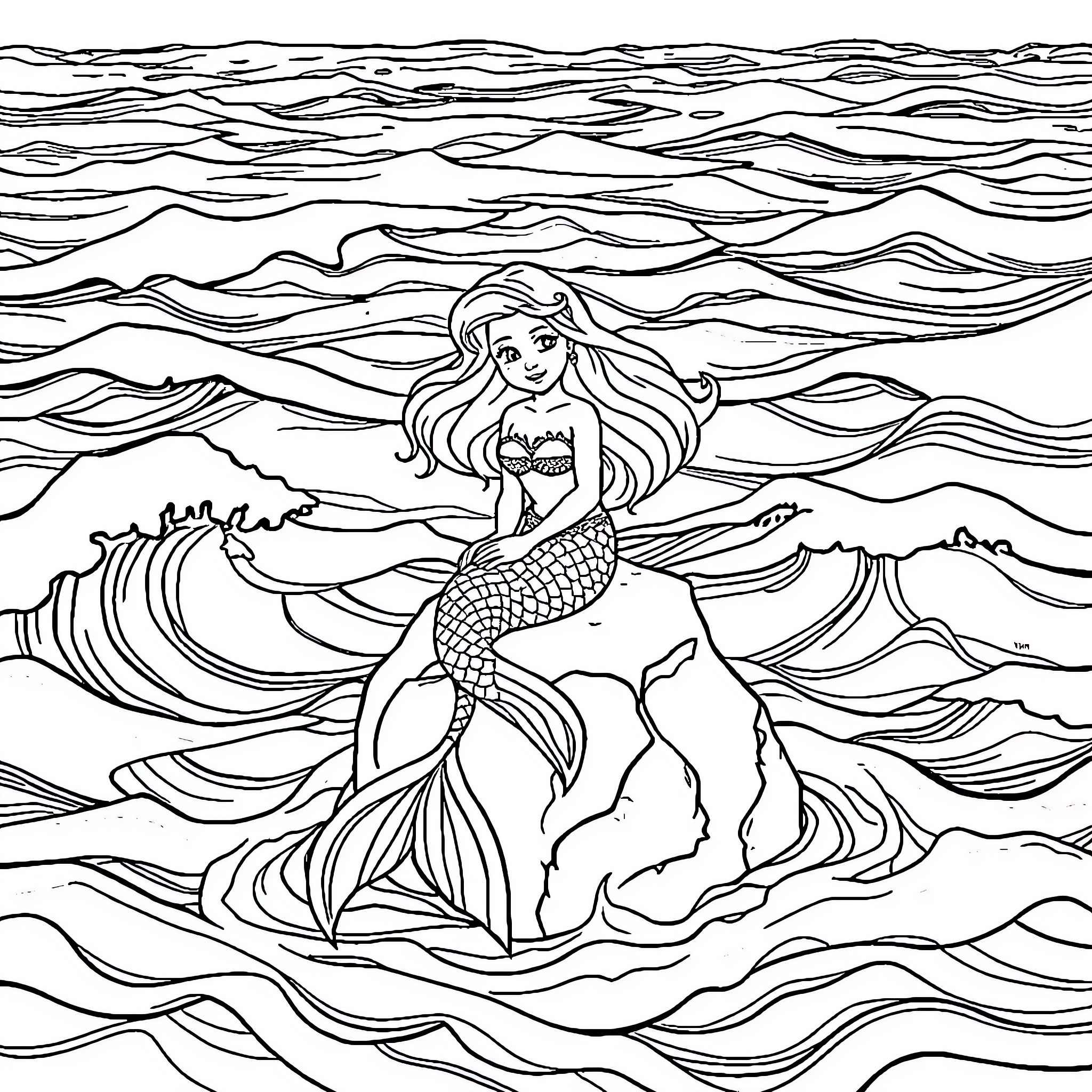 Mermaid swimming gracefully in the ocean waves Coloring Page (free black-and-white line drawing printable PDF for all, from beginners to advanced learners, including children, teens, adults, and seniors)