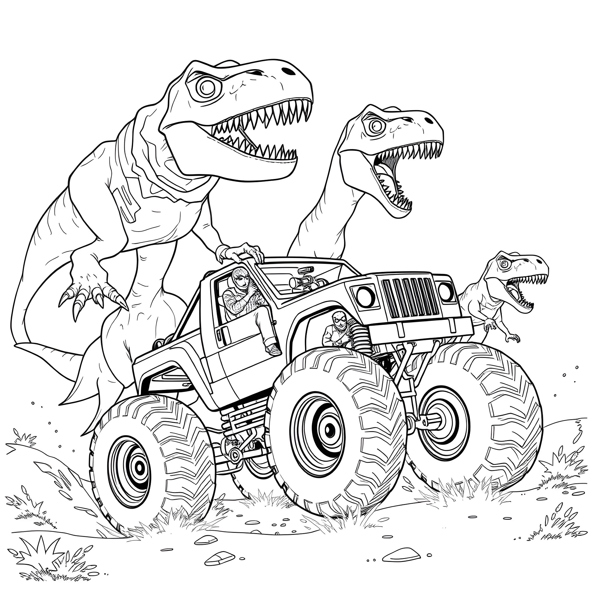 Spider-Man Dinosaurs Roar in Monster Truck Adventure Coloring Page (free black-and-white line drawing printable PDF for all, from beginners to advanced learners, including children, teens, adults, and seniors)