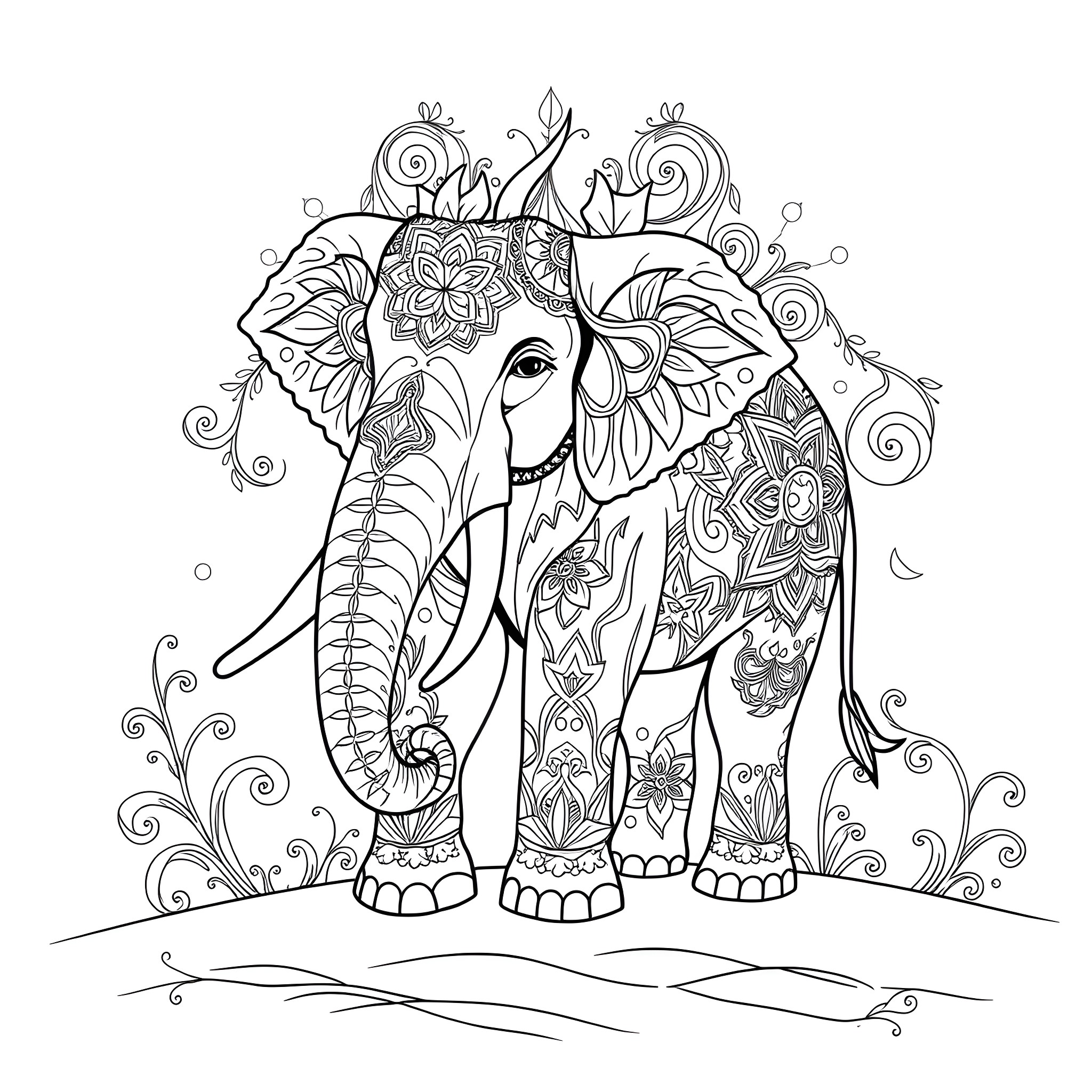 Elephant adorned with intricate floral patterns Coloring Page (free black-and-white line drawing printable PDF for all, from beginners to advanced learners, including children, teens, adults, and seniors)