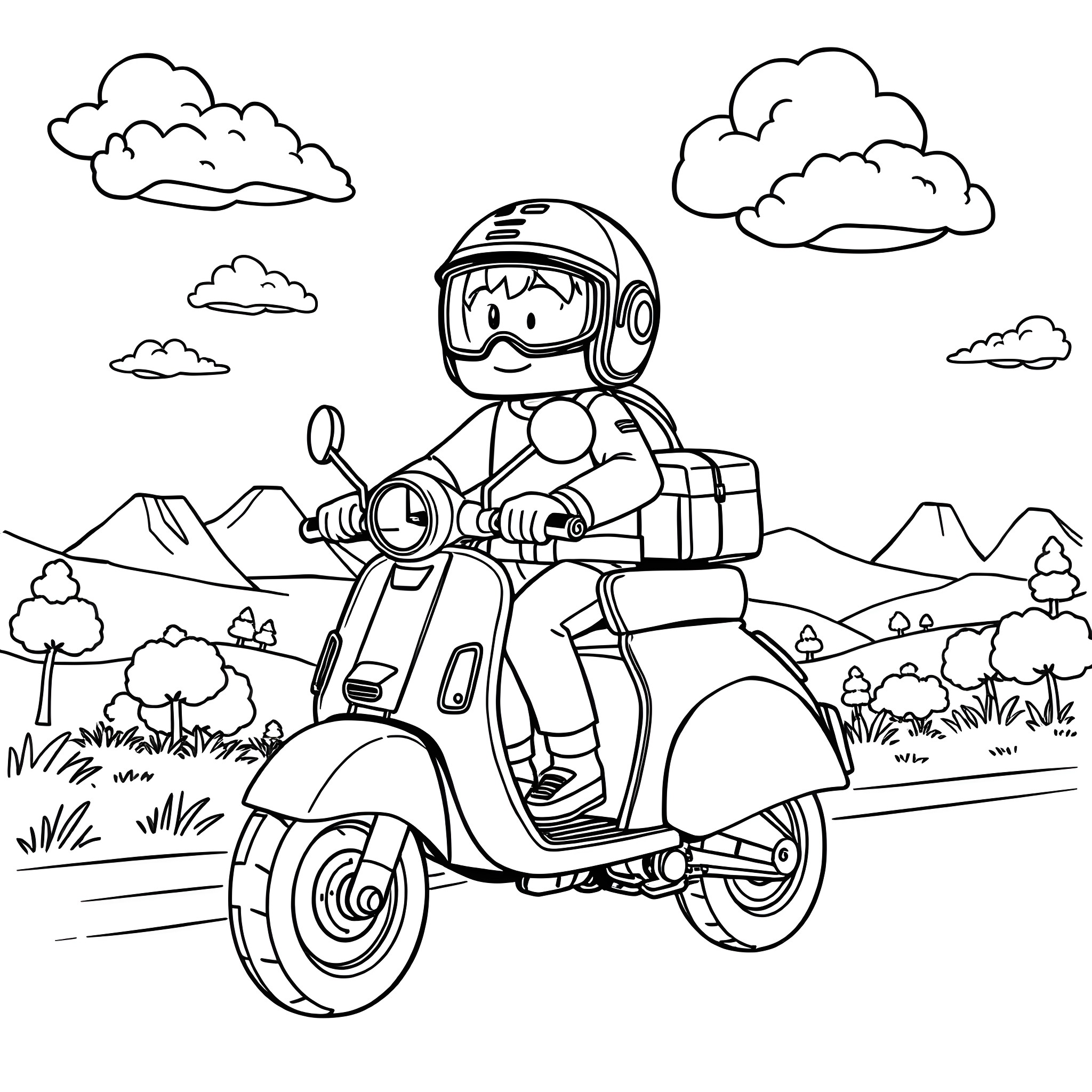 Minecraft character riding a scooter through a countryside Coloring Page (free black-and-white line drawing printable PDF for all, from beginners to advanced learners, including children, teens, adults, and seniors)