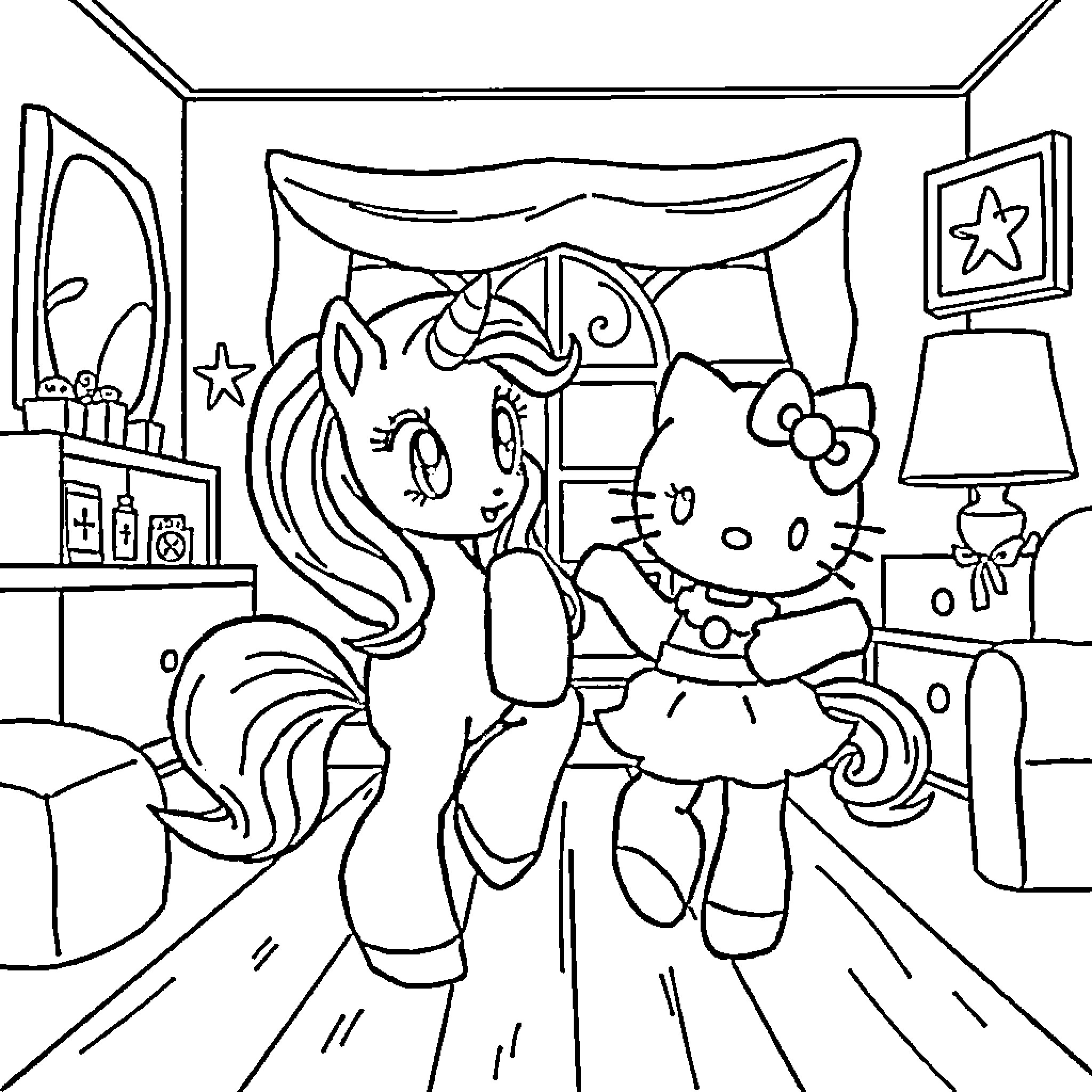 Pony friends having a tea party Coloring Page (free black-and-white line drawing printable PDF for all, from beginners to advanced learners, including children, teens, adults, and seniors)