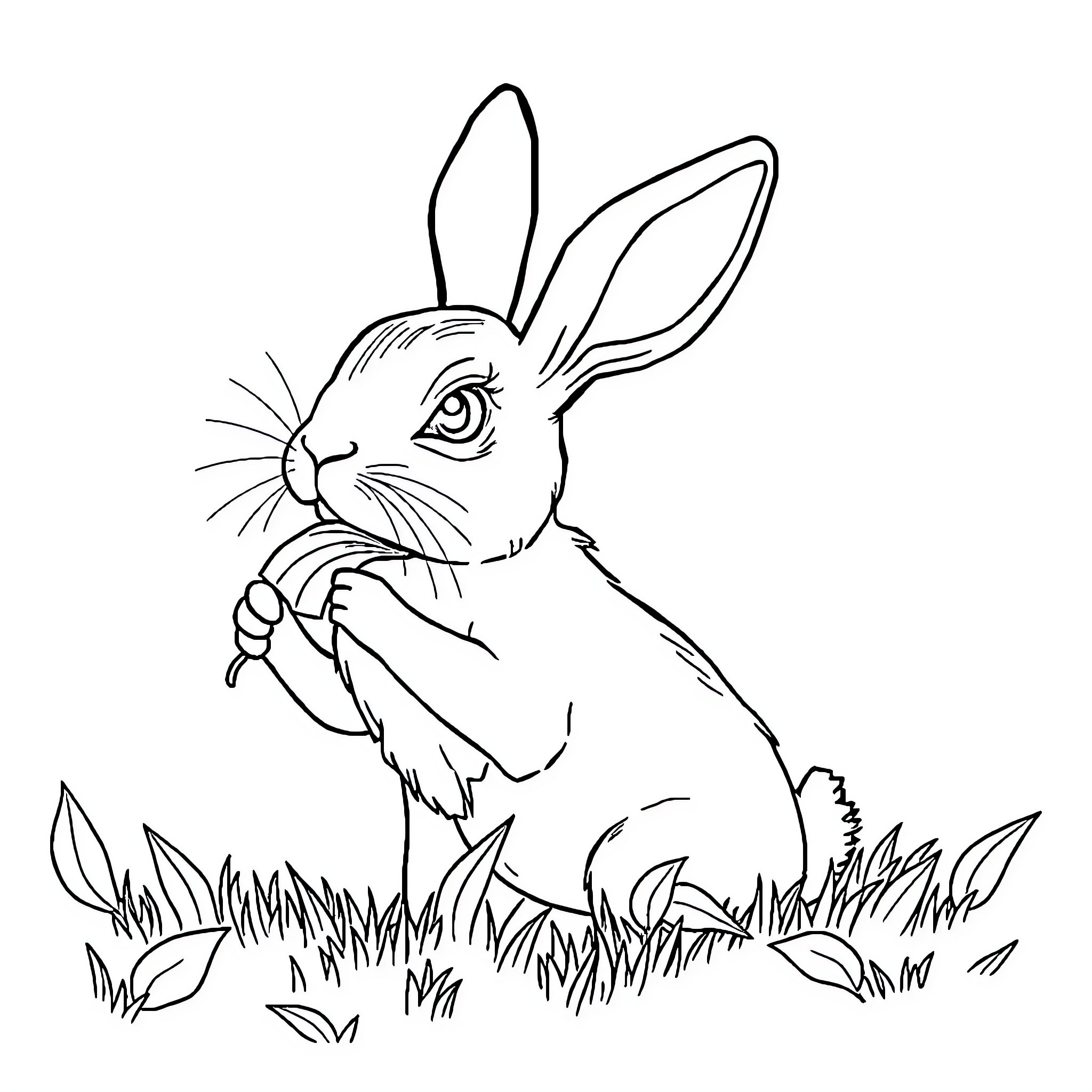 Rabbit sitting peacefully in the grass Coloring Page (free black-and-white line drawing printable PDF for all, from beginners to advanced learners, including children, teens, adults, and seniors)