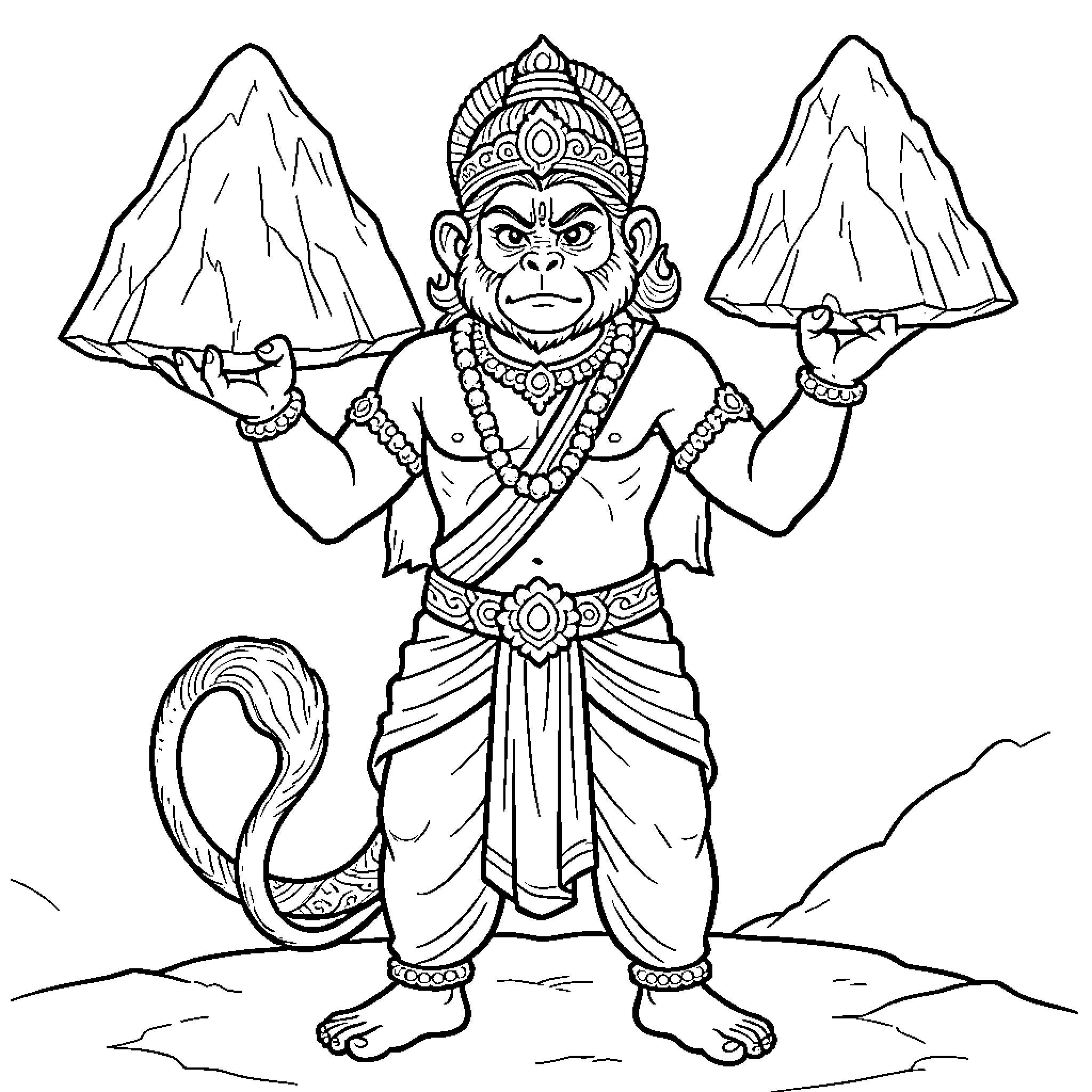 Hanuman, the Mighty Monkey God, Holding Rocks Coloring Page (free black-and-white line drawing printable PDF for all, from beginners to advanced learners, including children, teens, adults, and seniors)