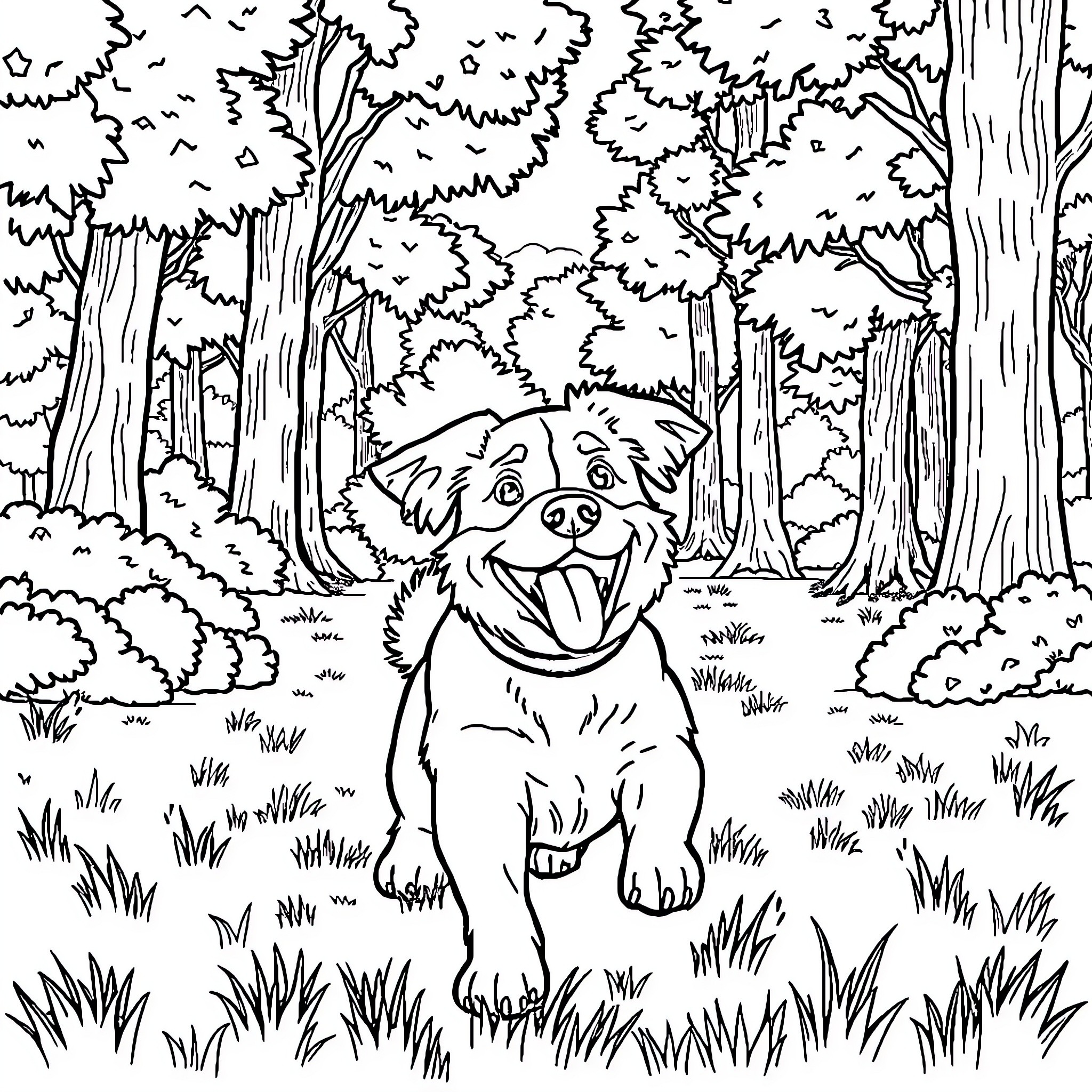Dog happily exploring the forest Coloring Page (free black-and-white line drawing printable PDF for all, from beginners to advanced learners, including children, teens, adults, and seniors)