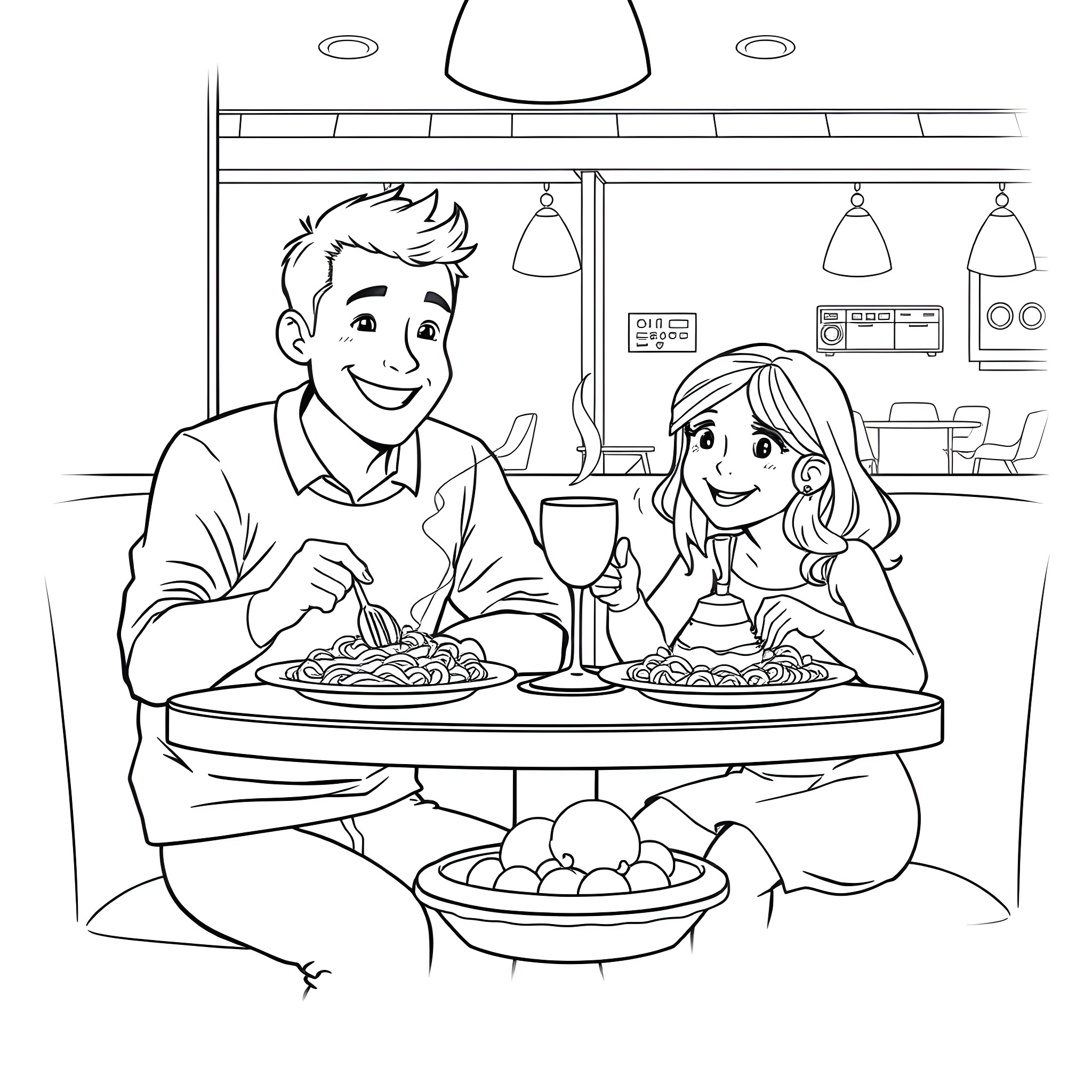 Dad and daughter enjoy a meal together Coloring Page (free black-and-white line drawing printable PDF for all, from beginners to advanced learners, including children, teens, adults, and seniors)