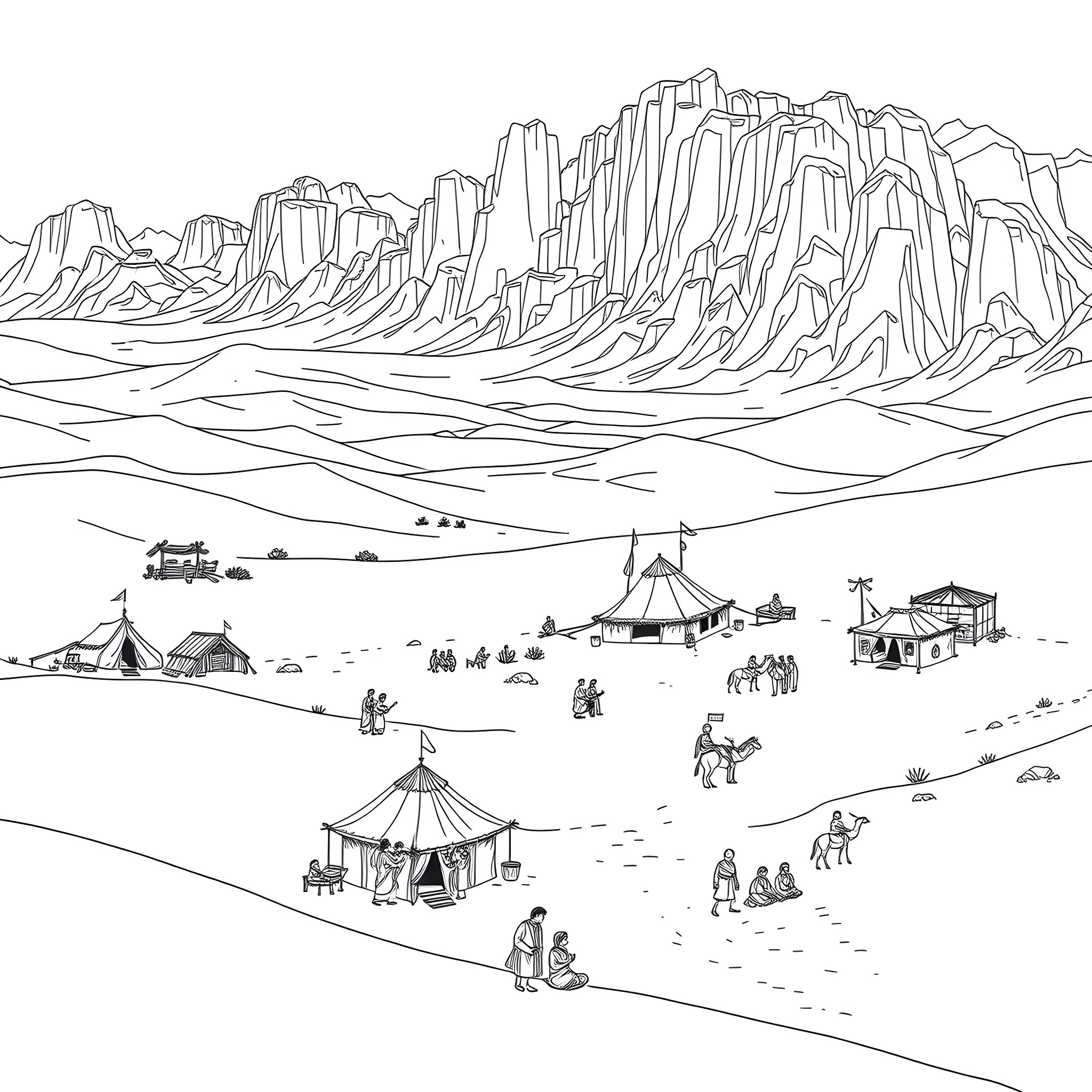 Desert camping and exploration scene Coloring Page (free black-and-white line drawing printable PDF for all, from beginners to advanced learners, including children, teens, adults, and seniors)