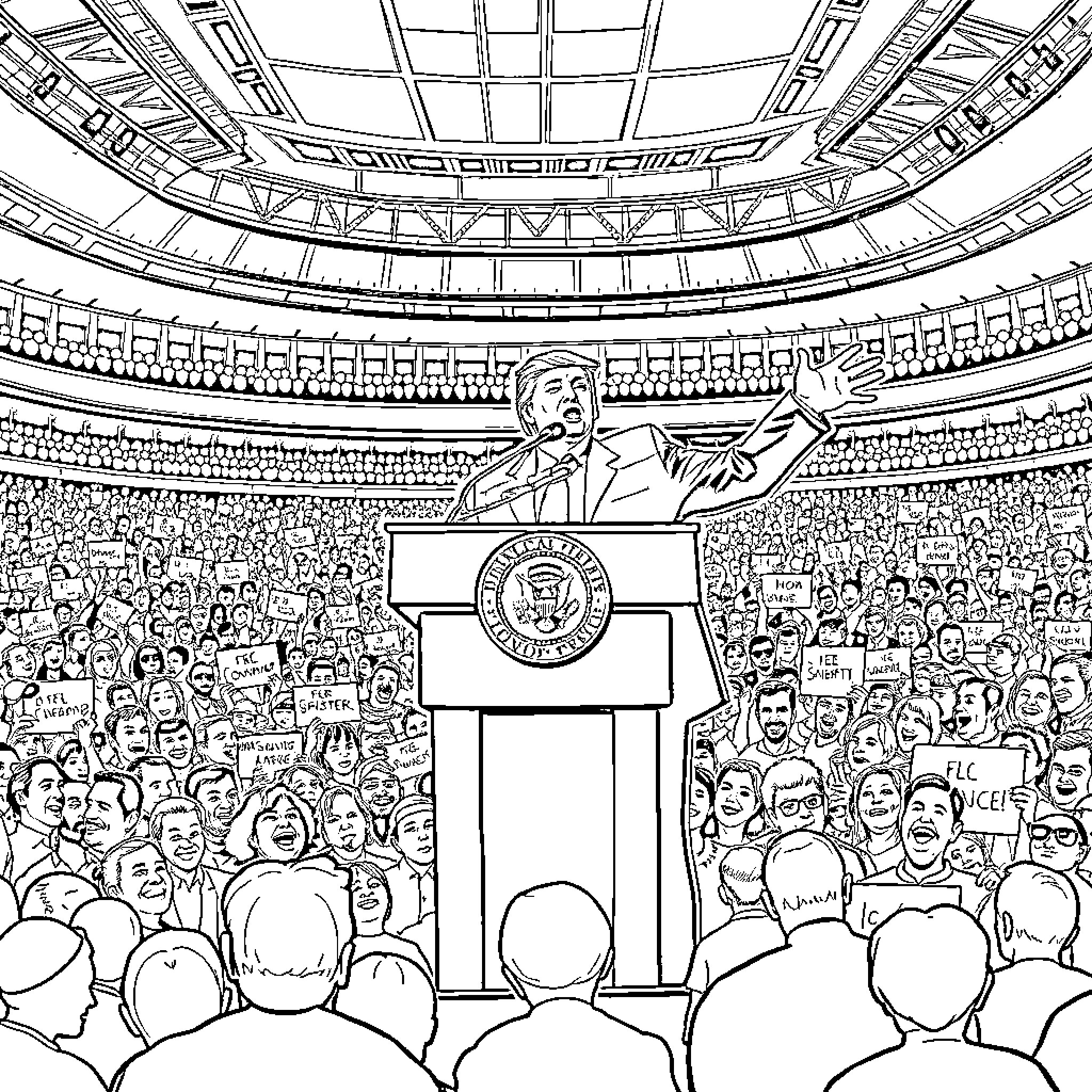Donald Trump addressing a large crowd from a podium Coloring Page (free black-and-white line drawing printable PDF for all, from beginners to advanced learners, including children, teens, adults, and seniors)