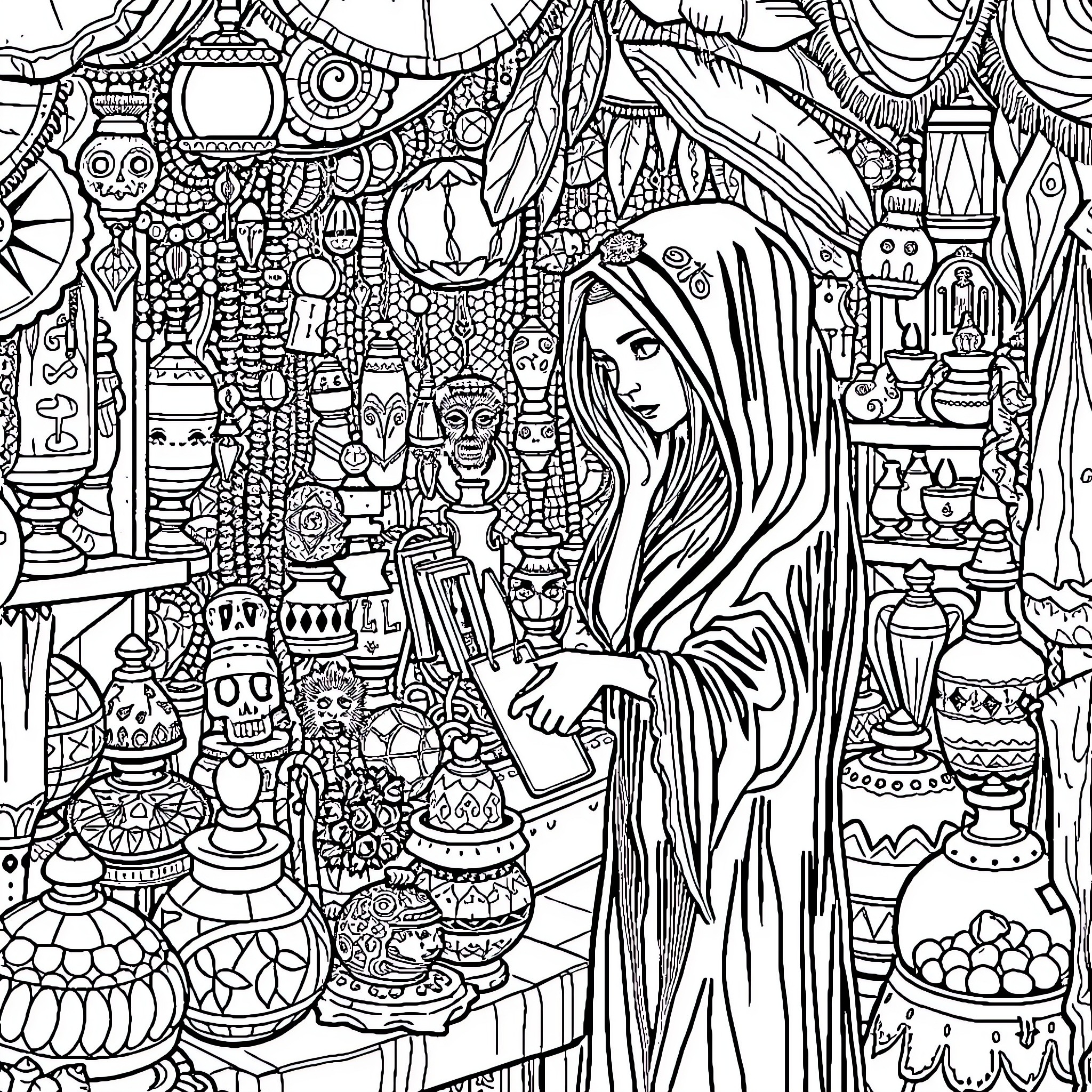 Garita's Enchanting Marketplace of Mystic Wares Coloring Page (free black-and-white line drawing printable PDF for all, from beginners to advanced learners, including children, teens, adults, and seniors)