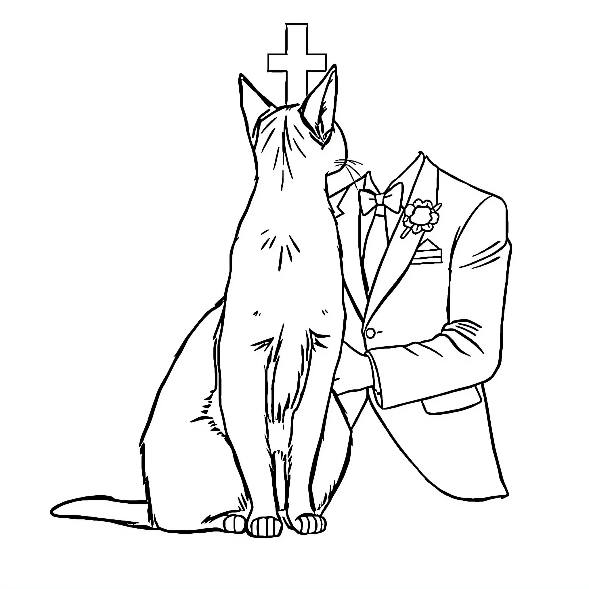 Cat and Man in Formal Attire with Cross Coloring Page (free black-and-white line drawing printable PDF for all, from beginners to advanced learners, including children, teens, adults, and seniors)