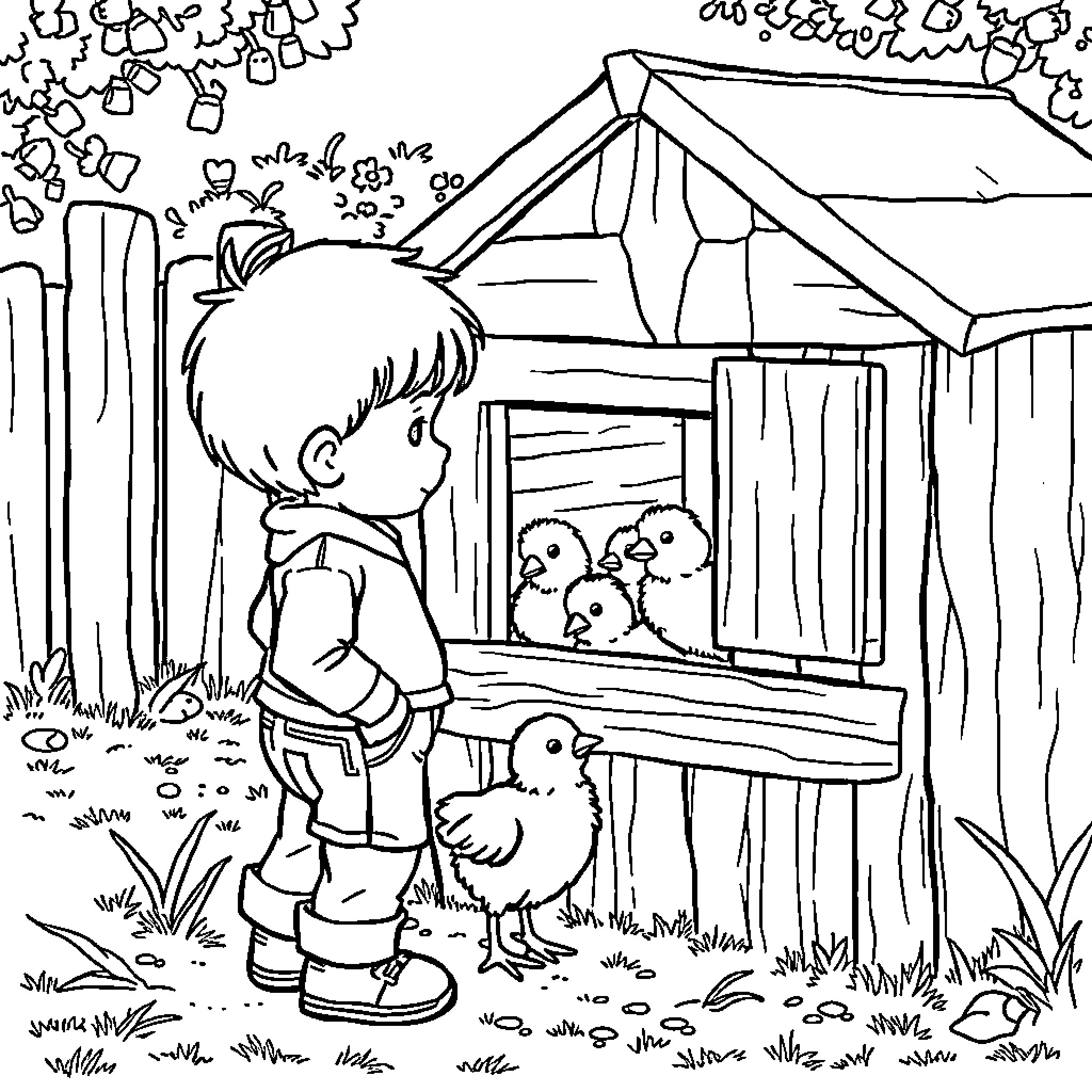 Boy feeding baby chicks near a wooden cabin Coloring Page (free black-and-white line drawing printable PDF for all, from beginners to advanced learners, including children, teens, adults, and seniors)