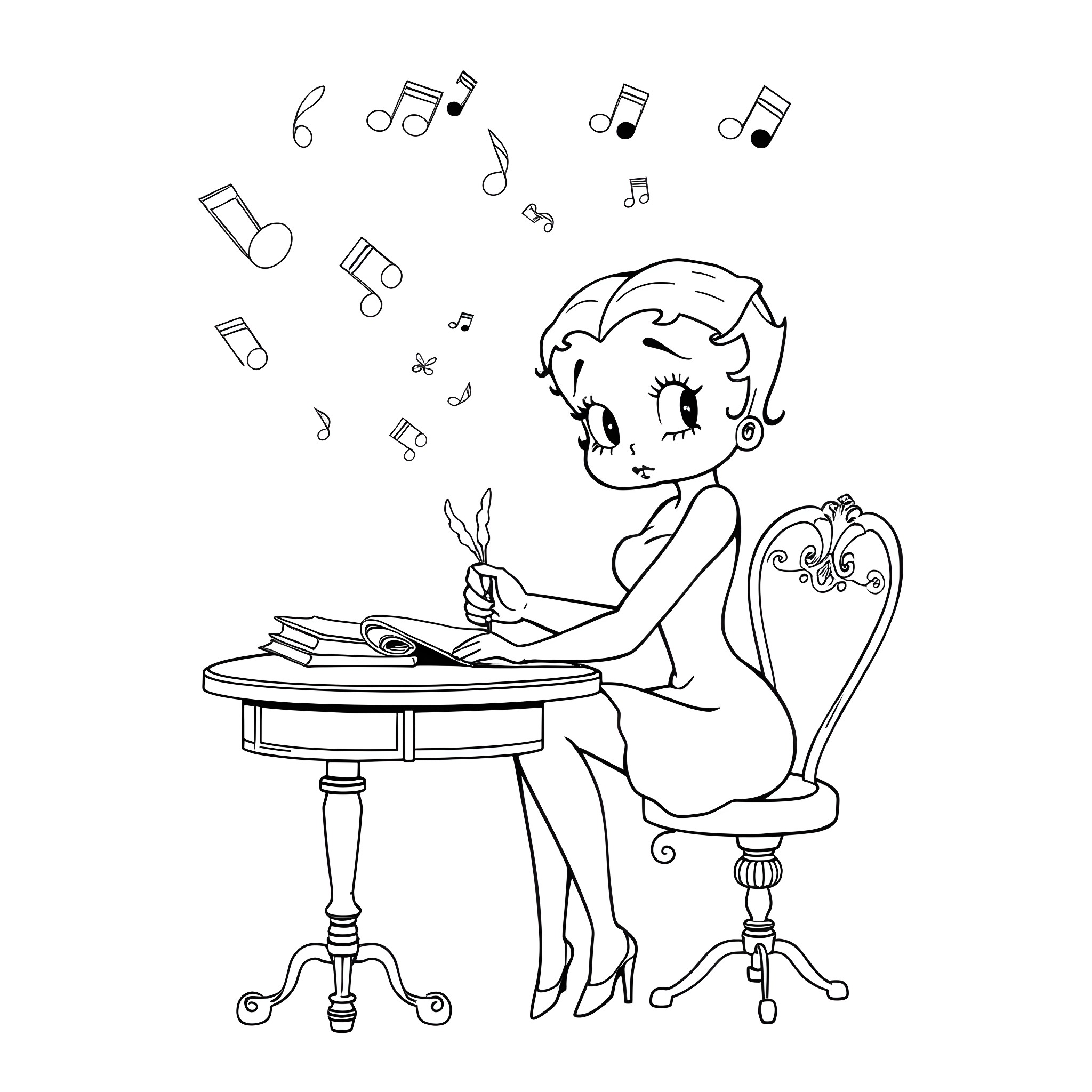 Betty Boop singing joyfully at a table Coloring Page (free black-and-white line drawing printable PDF for all, from beginners to advanced learners, including children, teens, adults, and seniors)
