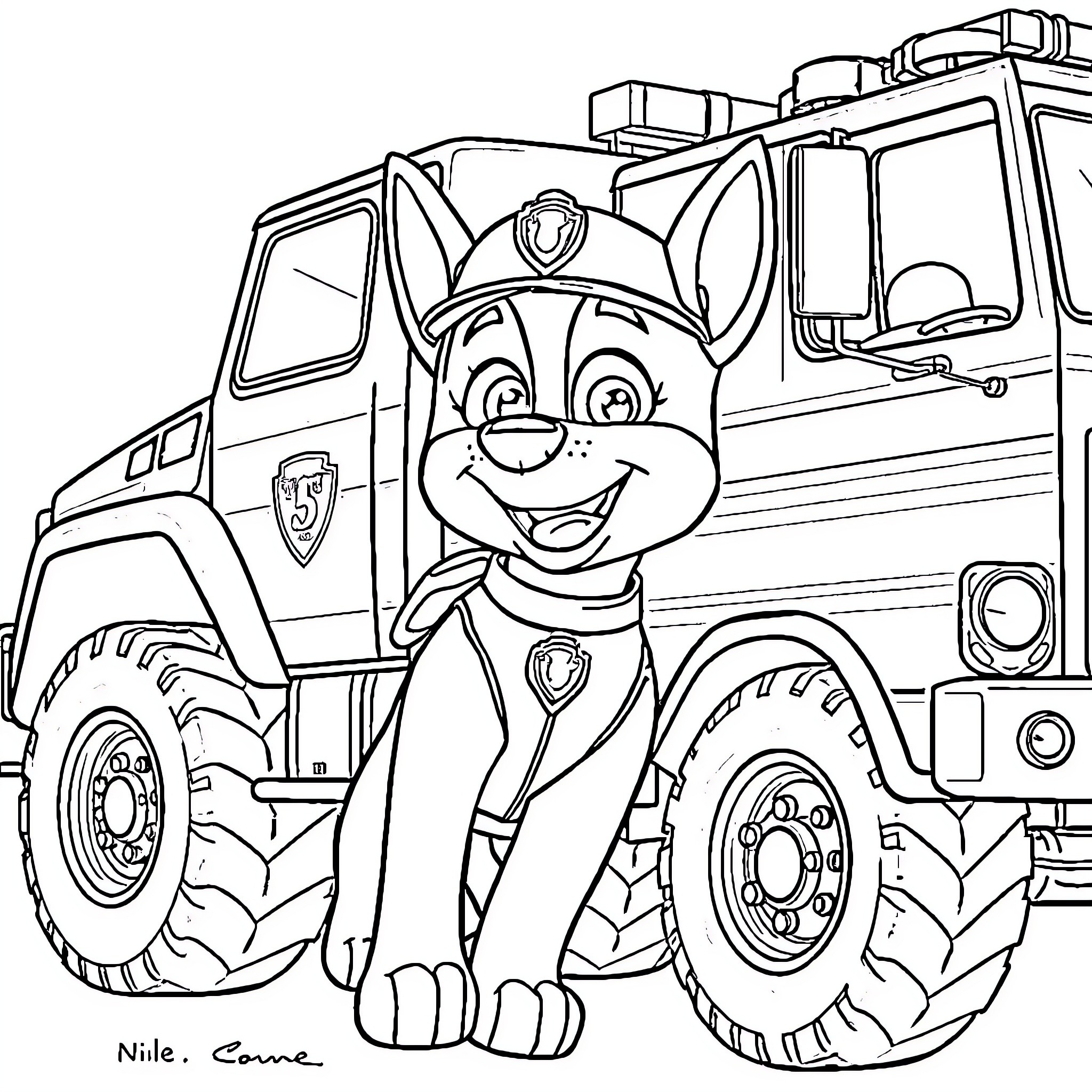 Chase with a Smiling Pup and a Fire Truck Coloring Page (free black-and-white line drawing printable PDF for all, from beginners to advanced learners, including children, teens, adults, and seniors)