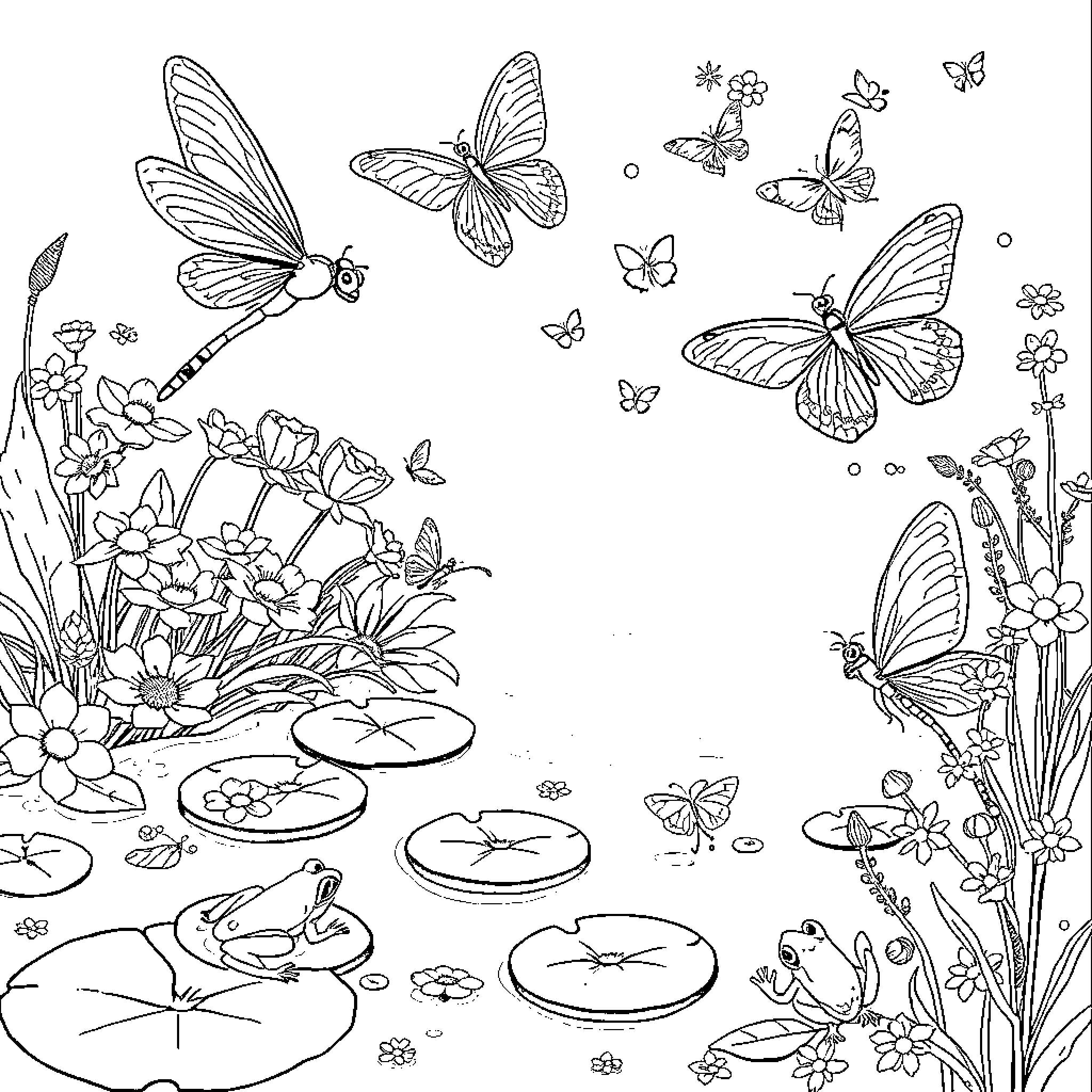 Dragonflies and butterflies in a vibrant floral scene Coloring Page (free black-and-white line drawing printable PDF for all, from beginners to advanced learners, including children, teens, adults, and seniors)