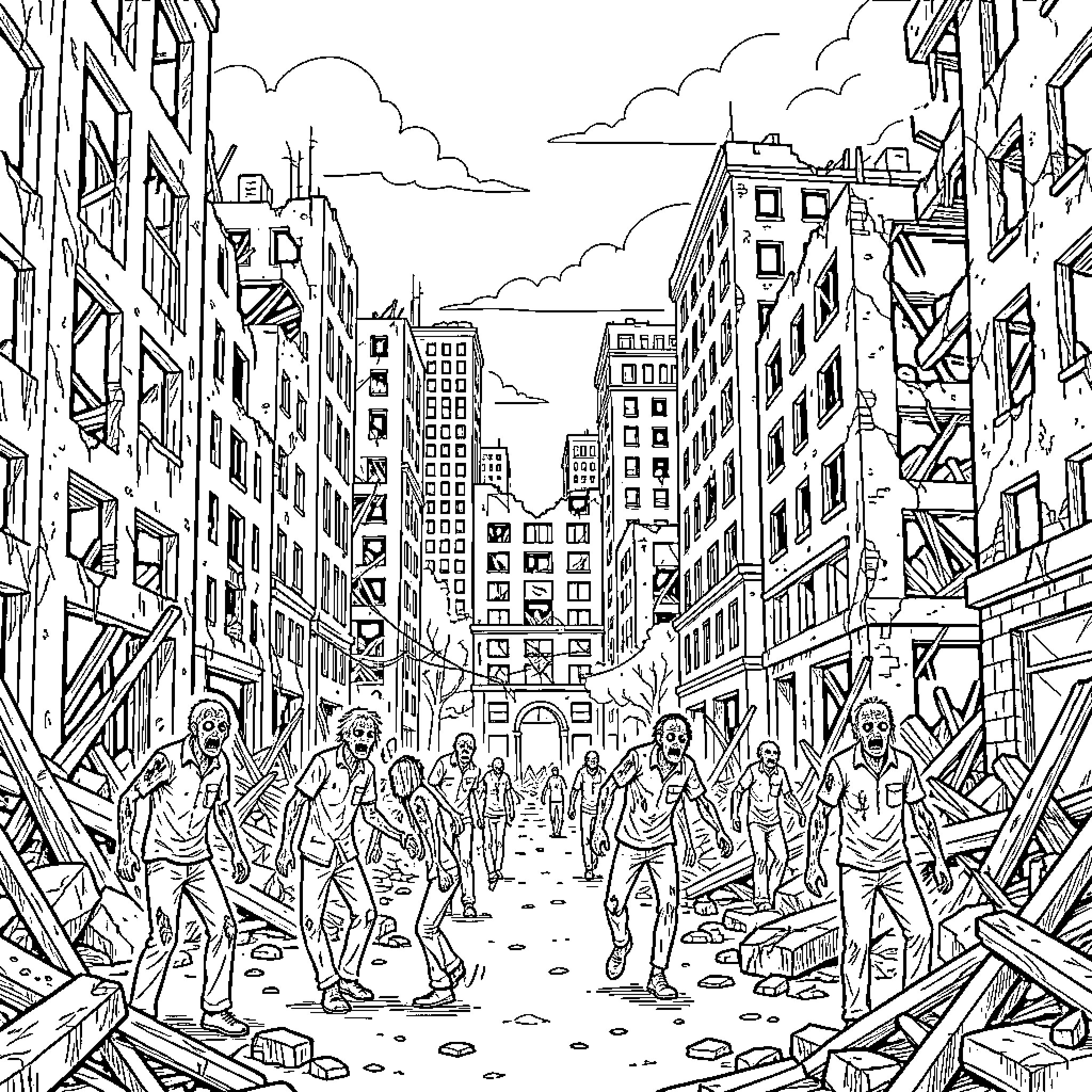 Zombie horde invades destroyed urban landscape Coloring Page (free black-and-white line drawing printable PDF for all, from beginners to advanced learners, including children, teens, adults, and seniors)