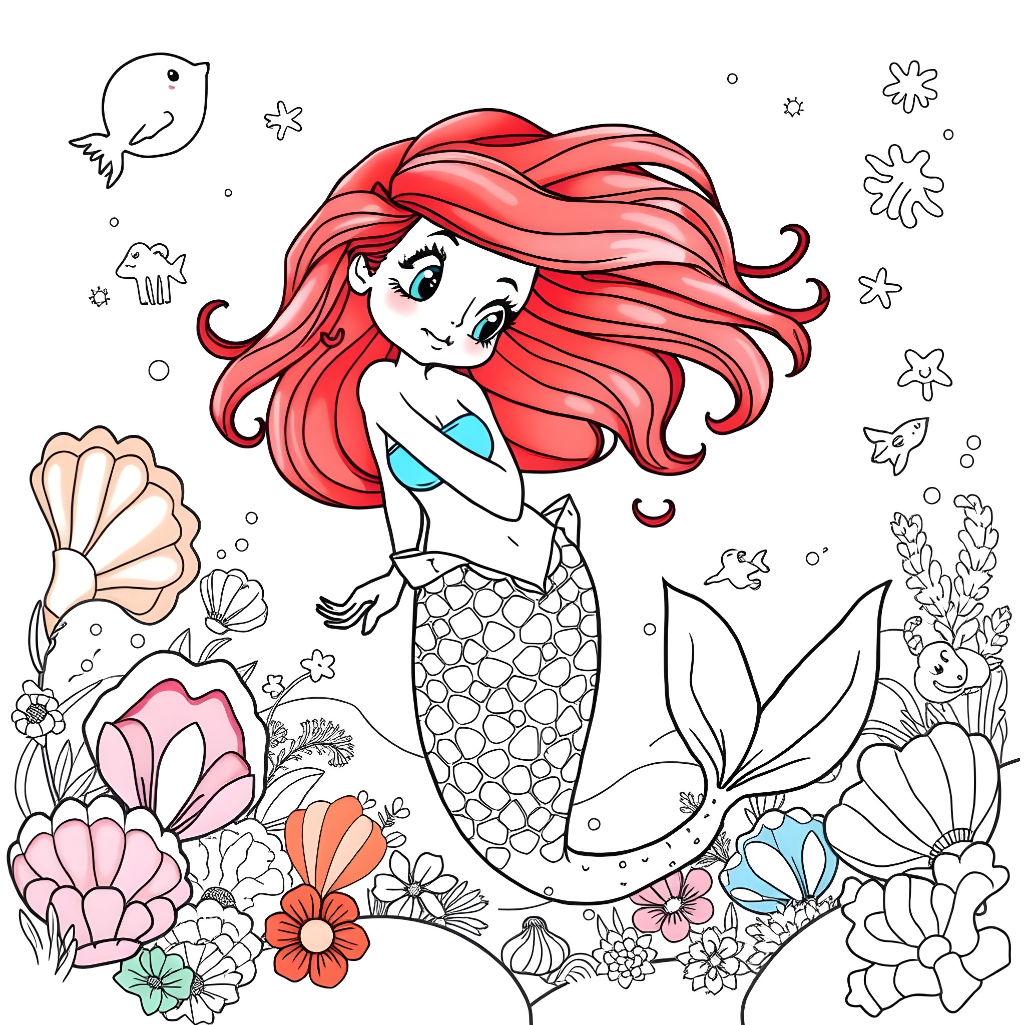 Ariel the mermaid exploring the underwater world Coloring Page (free black-and-white line drawing printable PDF for all, from beginners to advanced learners, including children, teens, adults, and seniors)