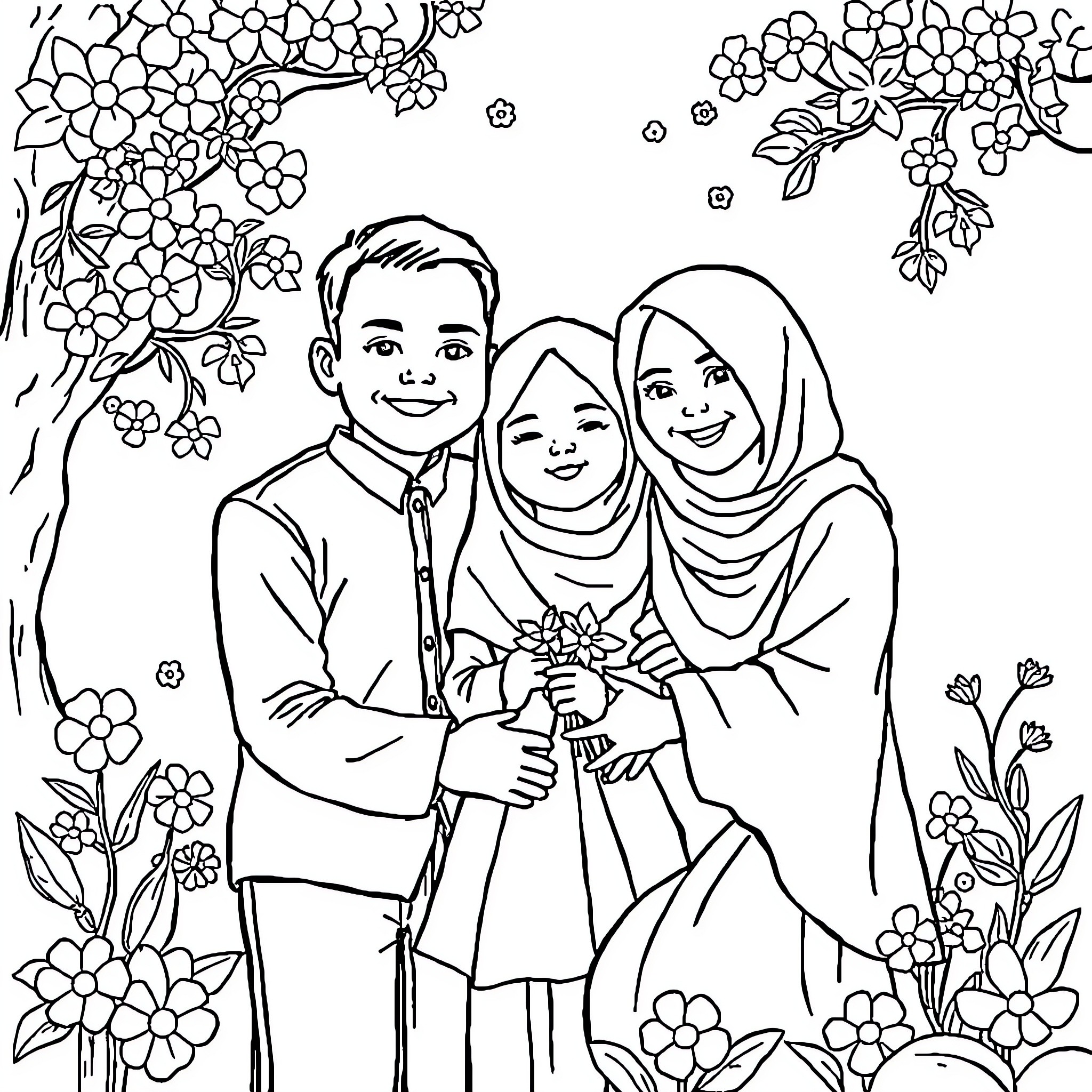 Family Enjoying Floral Garden Together Coloring Page (free black-and-white line drawing printable PDF for all, from beginners to advanced learners, including children, teens, adults, and seniors)