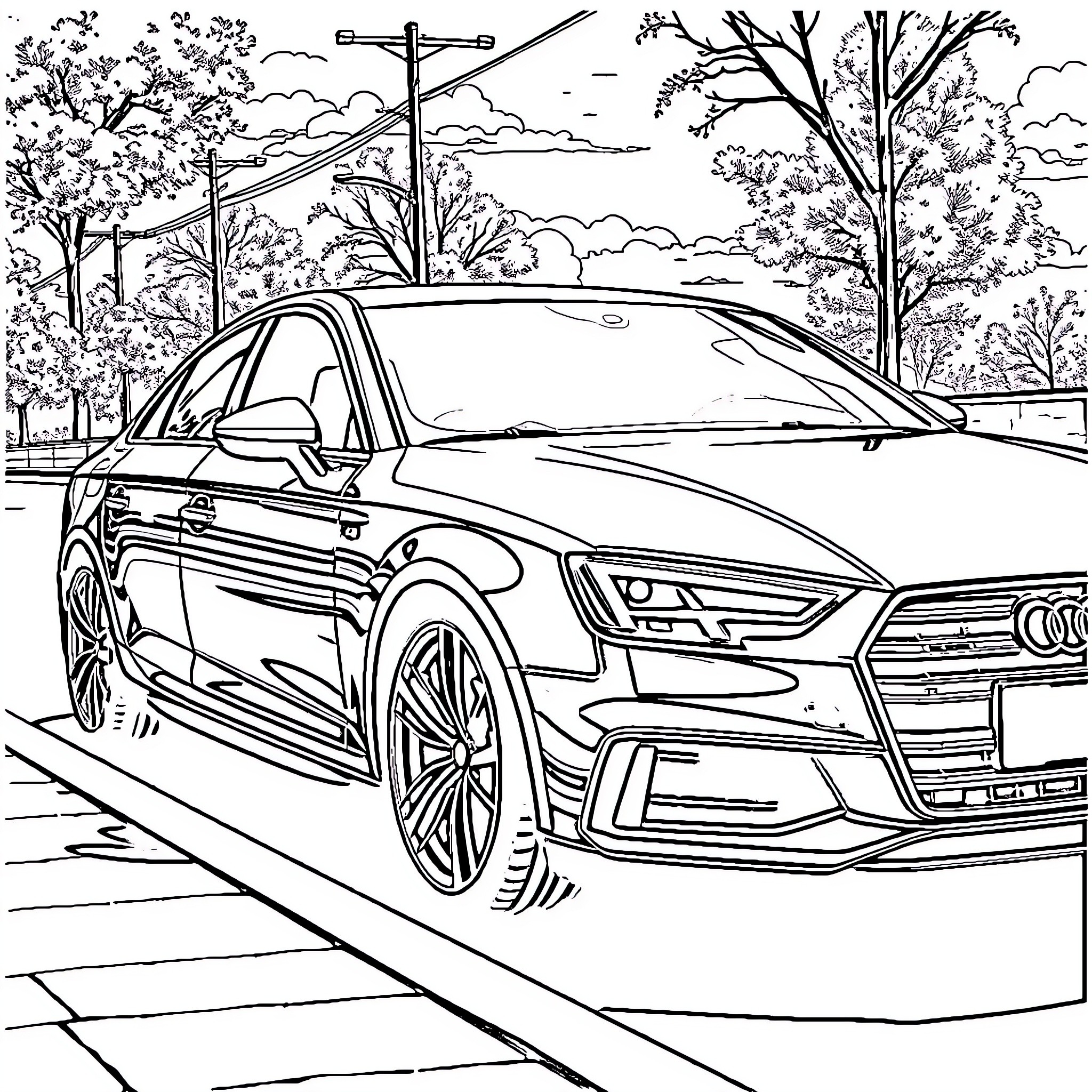 Audi A4 in a scenic outdoor landscape Coloring Page (free black-and-white line drawing printable PDF for all, from beginners to advanced learners, including children, teens, adults, and seniors)