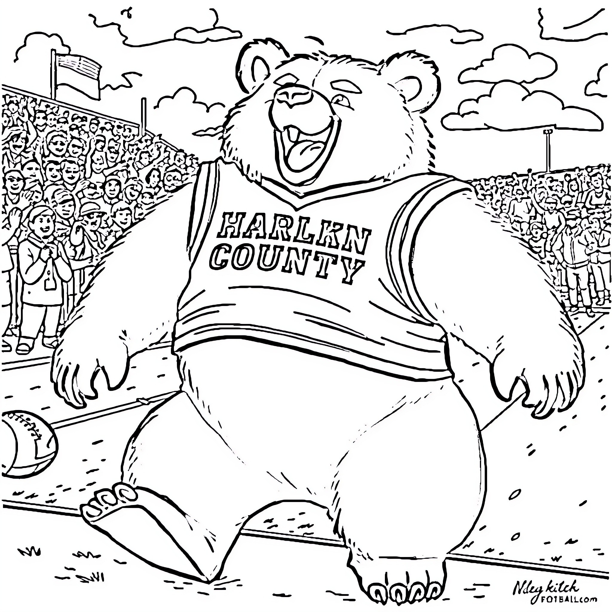 Bear cheering for Harlem County team Coloring Page (free black-and-white line drawing printable PDF for all, from beginners to advanced learners, including children, teens, adults, and seniors)
