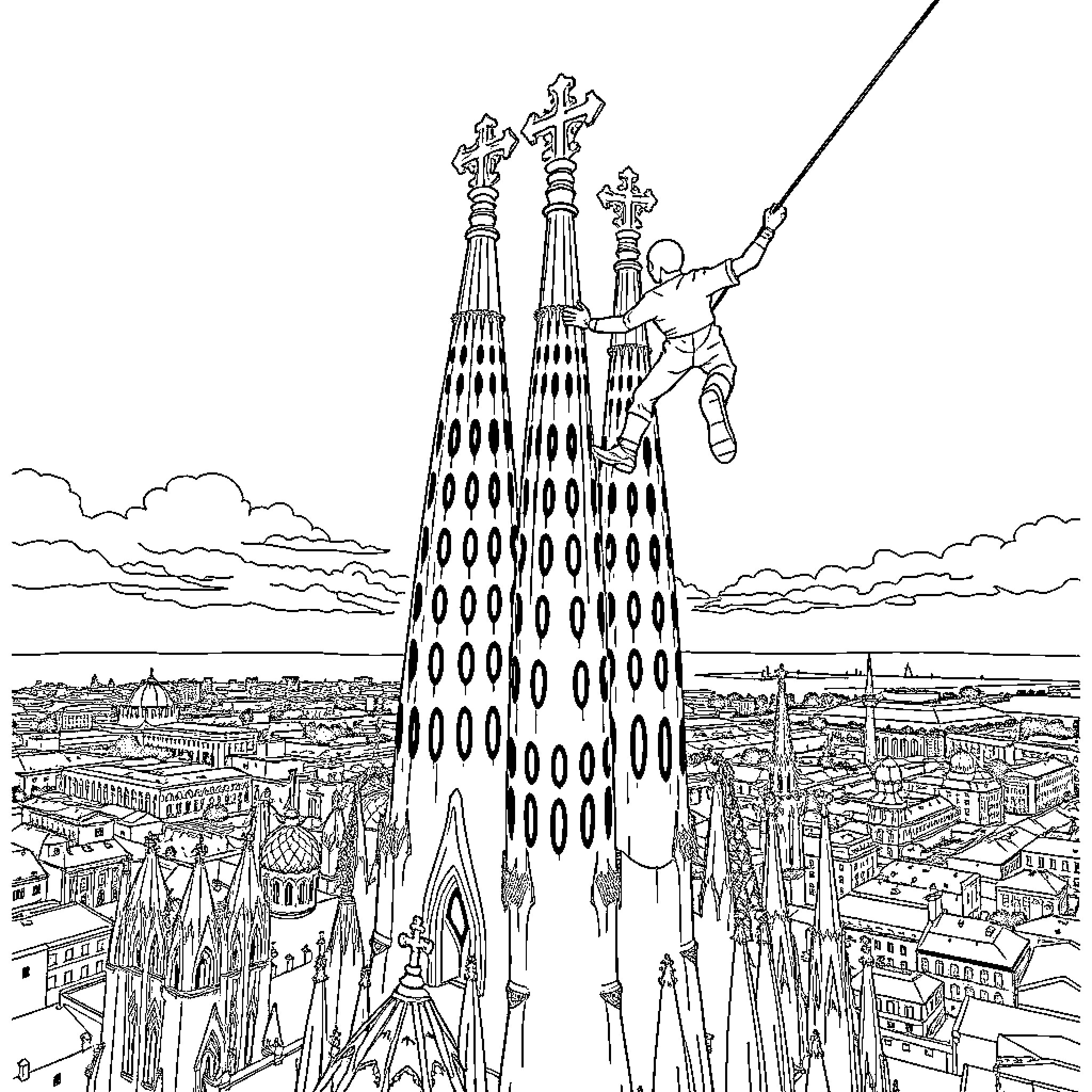 Spider-Man swinging above the iconic Sagrada Familia Coloring Page (free black-and-white line drawing printable PDF for all, from beginners to advanced learners, including children, teens, adults, and seniors)