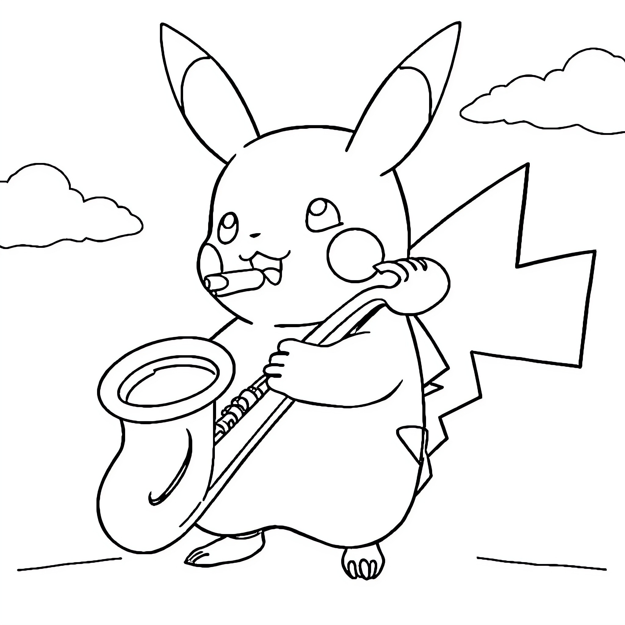 Pikachu playing with a saxophone in the sky Coloring Page (free black-and-white line drawing printable PDF for all, from beginners to advanced learners, including children, teens, adults, and seniors)