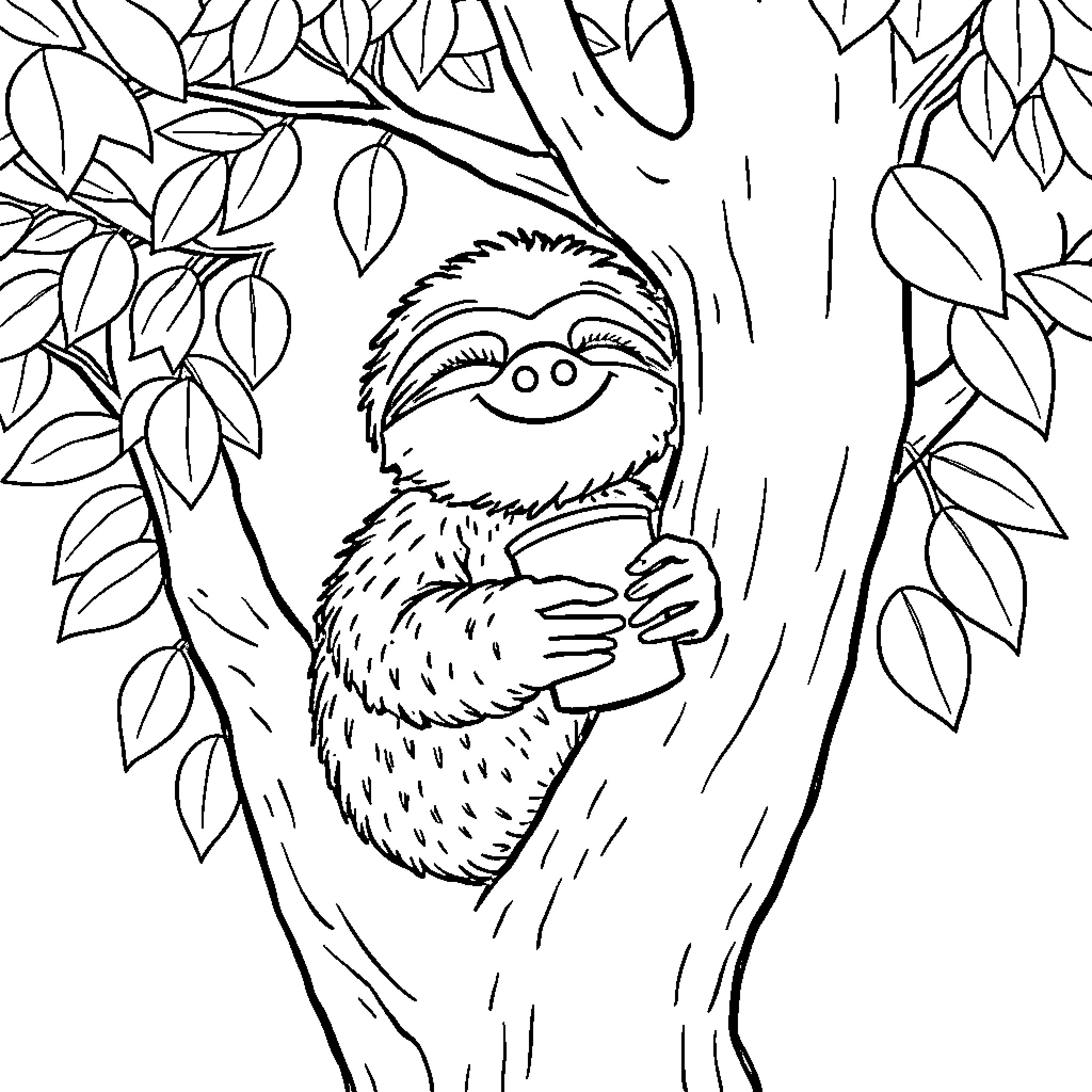 Sloth resting peacefully in a tree Coloring Page (free black-and-white line drawing printable PDF for all, from beginners to advanced learners, including children, teens, adults, and seniors)