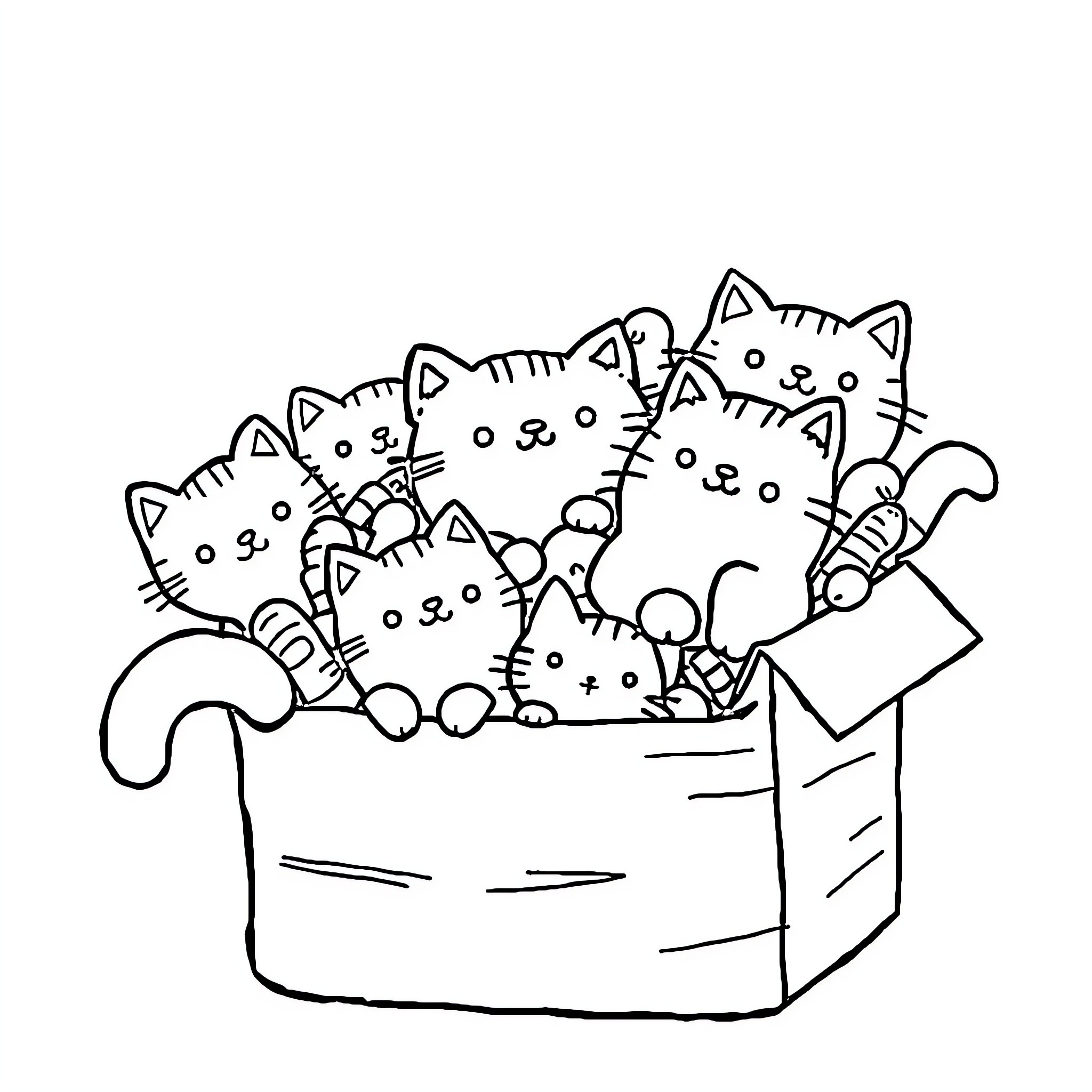 Pusheen kittens playing in a box Coloring Page (free black-and-white line drawing printable PDF for all, from beginners to advanced learners, including children, teens, adults, and seniors)