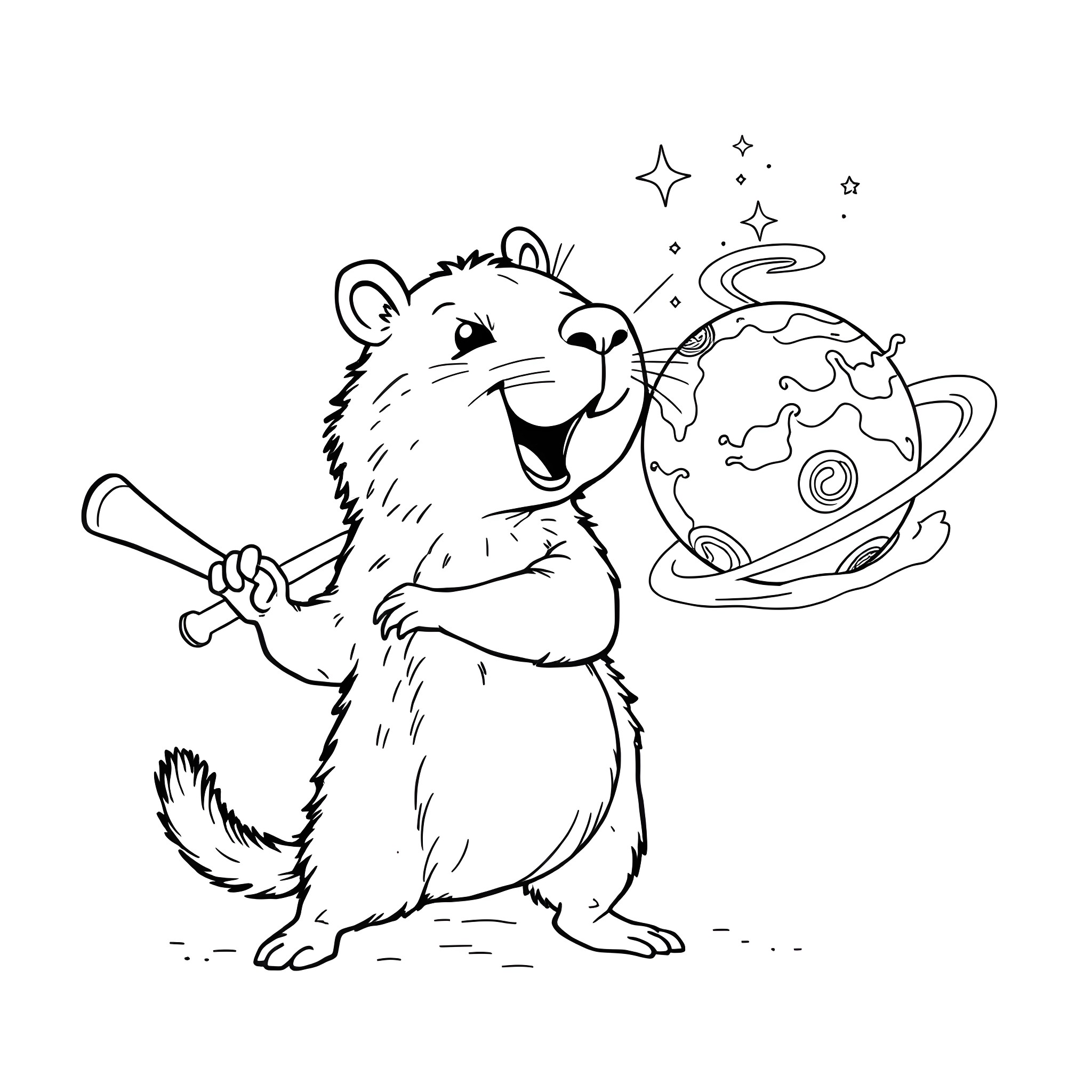 Capybara exploring the cosmic universe Coloring Page (free black-and-white line drawing printable PDF for all, from beginners to advanced learners, including children, teens, adults, and seniors)