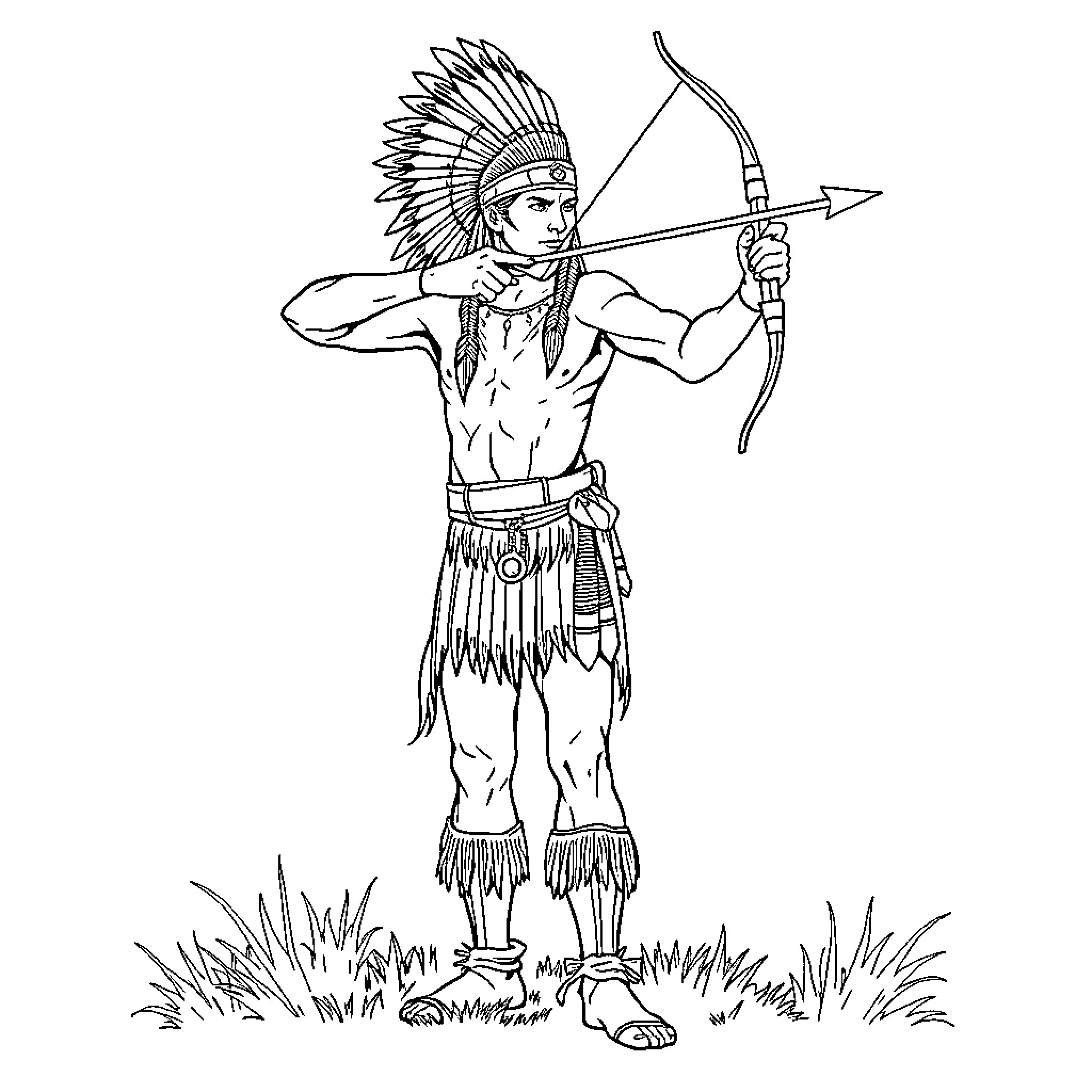 Tribe warrior wielding bow and arrow Coloring Page (free black-and-white line drawing printable PDF for all, from beginners to advanced learners, including children, teens, adults, and seniors)