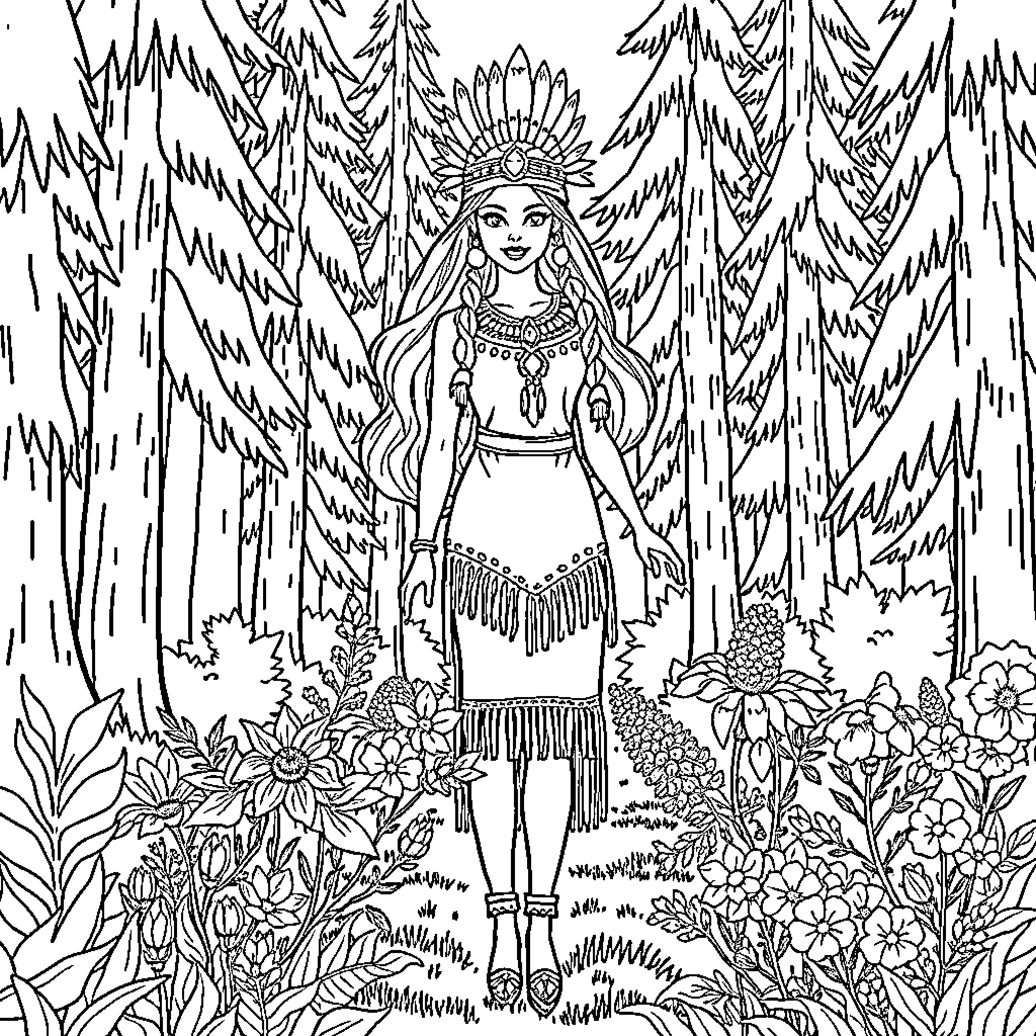 Barbie in a Mystical Forest Landscape Coloring Page (free black-and-white line drawing printable PDF for all, from beginners to advanced learners, including children, teens, adults, and seniors)
