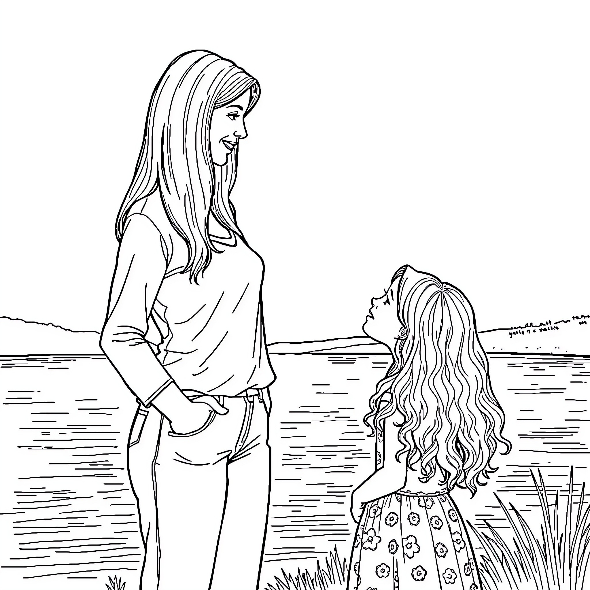 Woman standing with her daughter near the lake Coloring Page (free black-and-white line drawing printable PDF for all, from beginners to advanced learners, including children, teens, adults, and seniors)