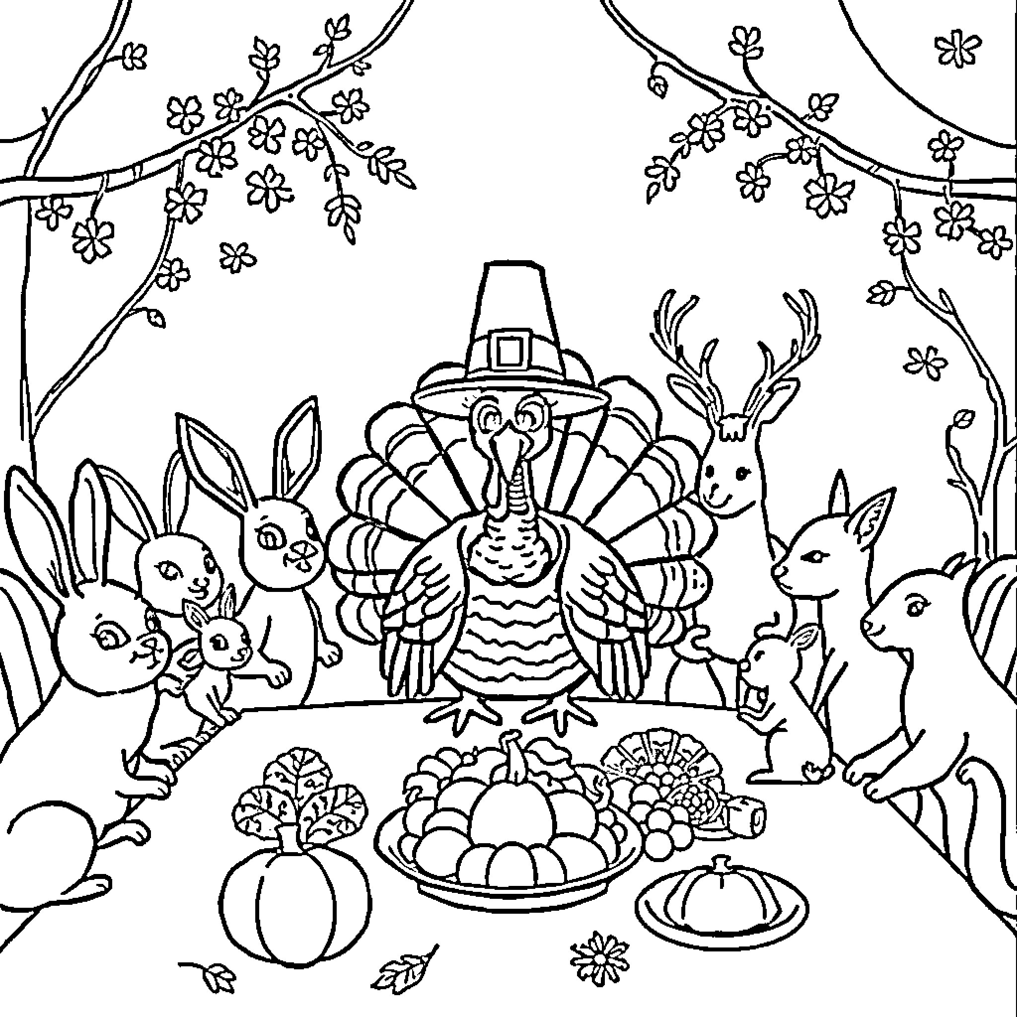 Turkey celebrating Thanksgiving with animals in the forest Coloring Page (free black-and-white line drawing printable PDF for all, from beginners to advanced learners, including children, teens, adults, and seniors)