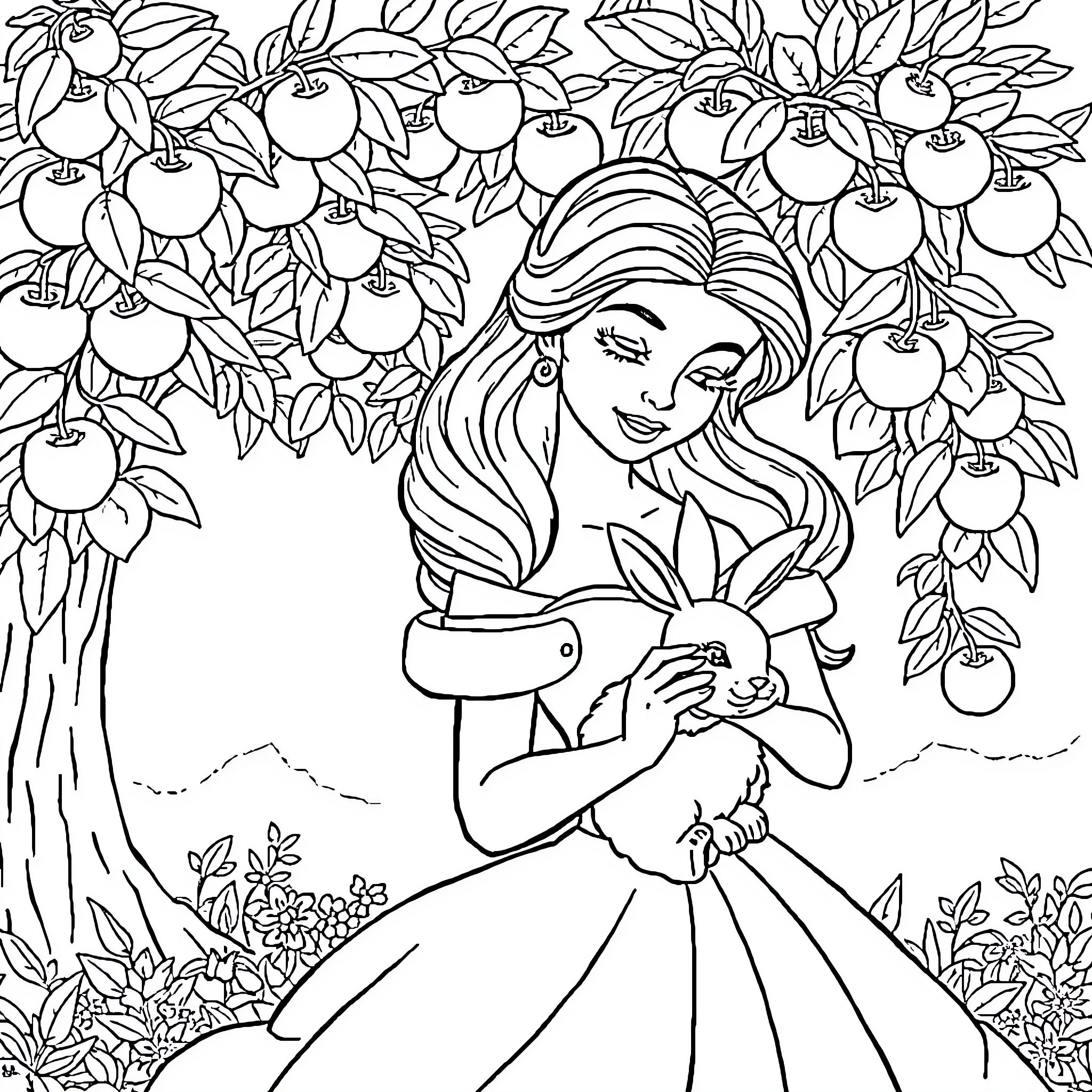 Belle in a lush garden with apple trees Coloring Page (free black-and-white line drawing printable PDF for all, from beginners to advanced learners, including children, teens, adults, and seniors)