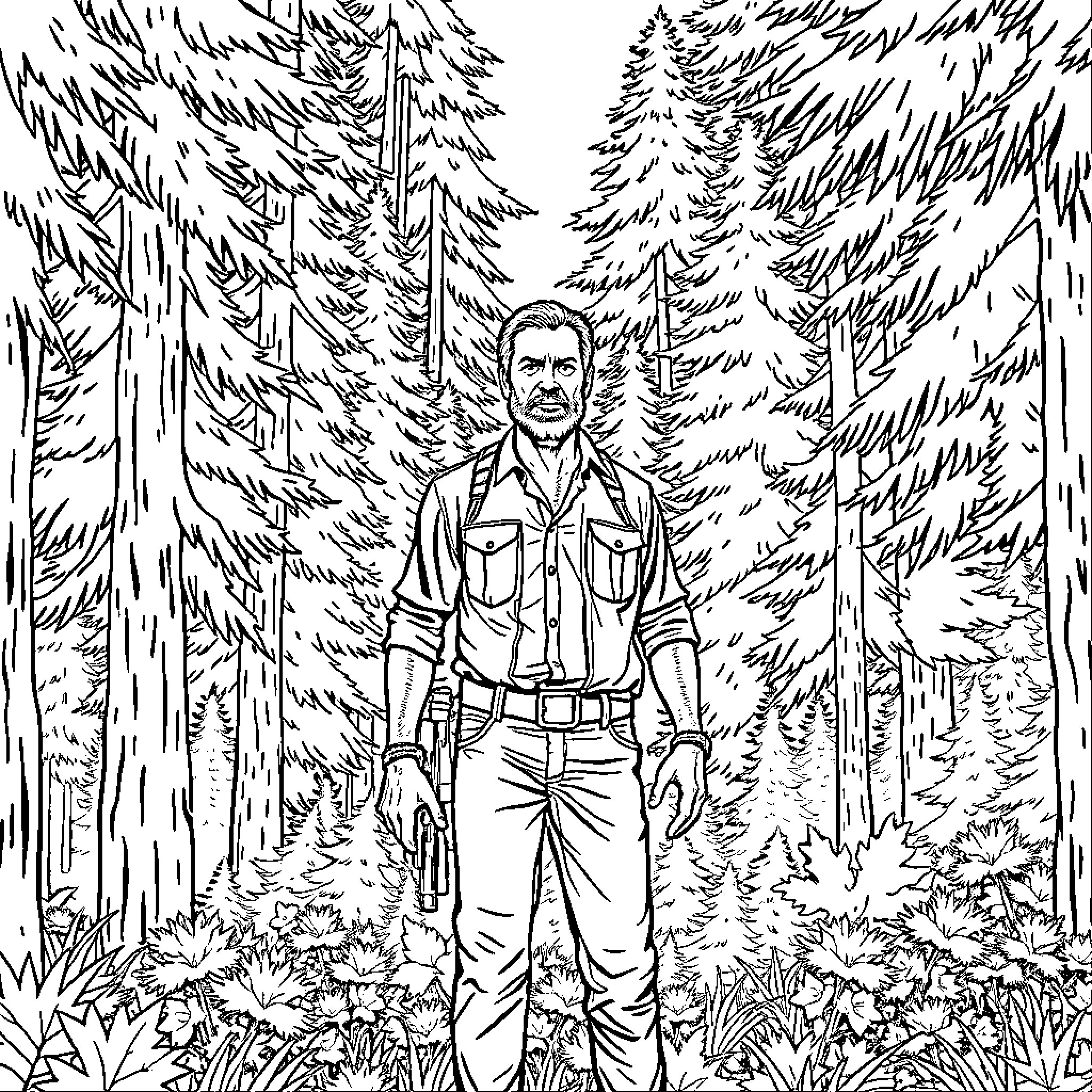 Rick adventures through the dense forest Coloring Page (free black-and-white line drawing printable PDF for all, from beginners to advanced learners, including children, teens, adults, and seniors)