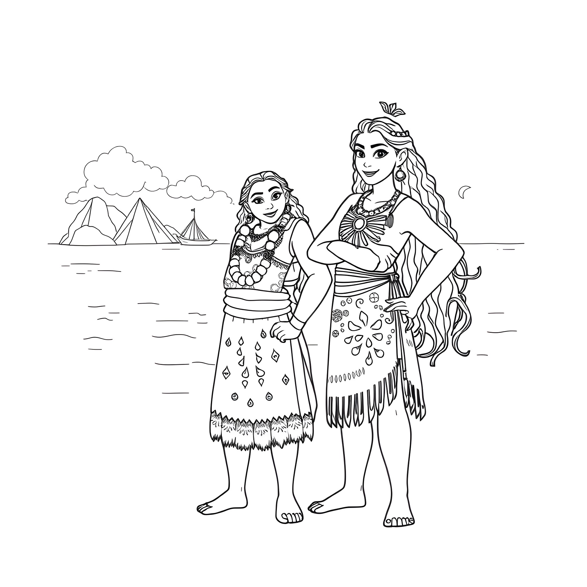 Moana and Vaiana in colorful island outfits Coloring Page (free black-and-white line drawing printable PDF for all, from beginners to advanced learners, including children, teens, adults, and seniors)