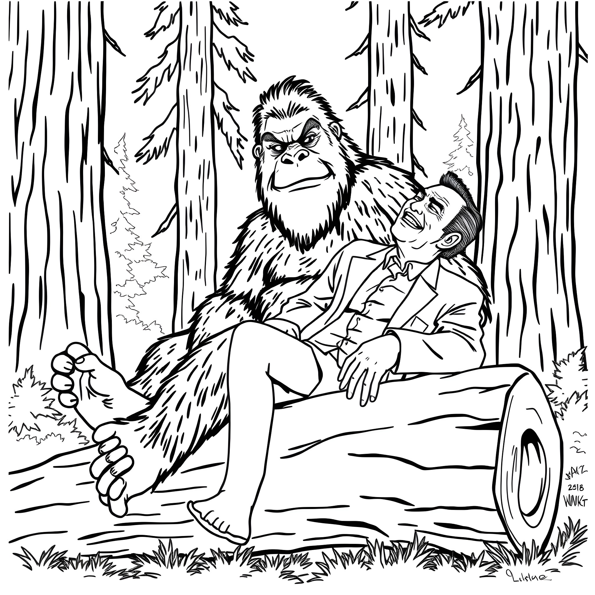 Bigfoot having a friendly chat with a human in the forest Coloring Page (free black-and-white line drawing printable PDF for all, from beginners to advanced learners, including children, teens, adults, and seniors)
