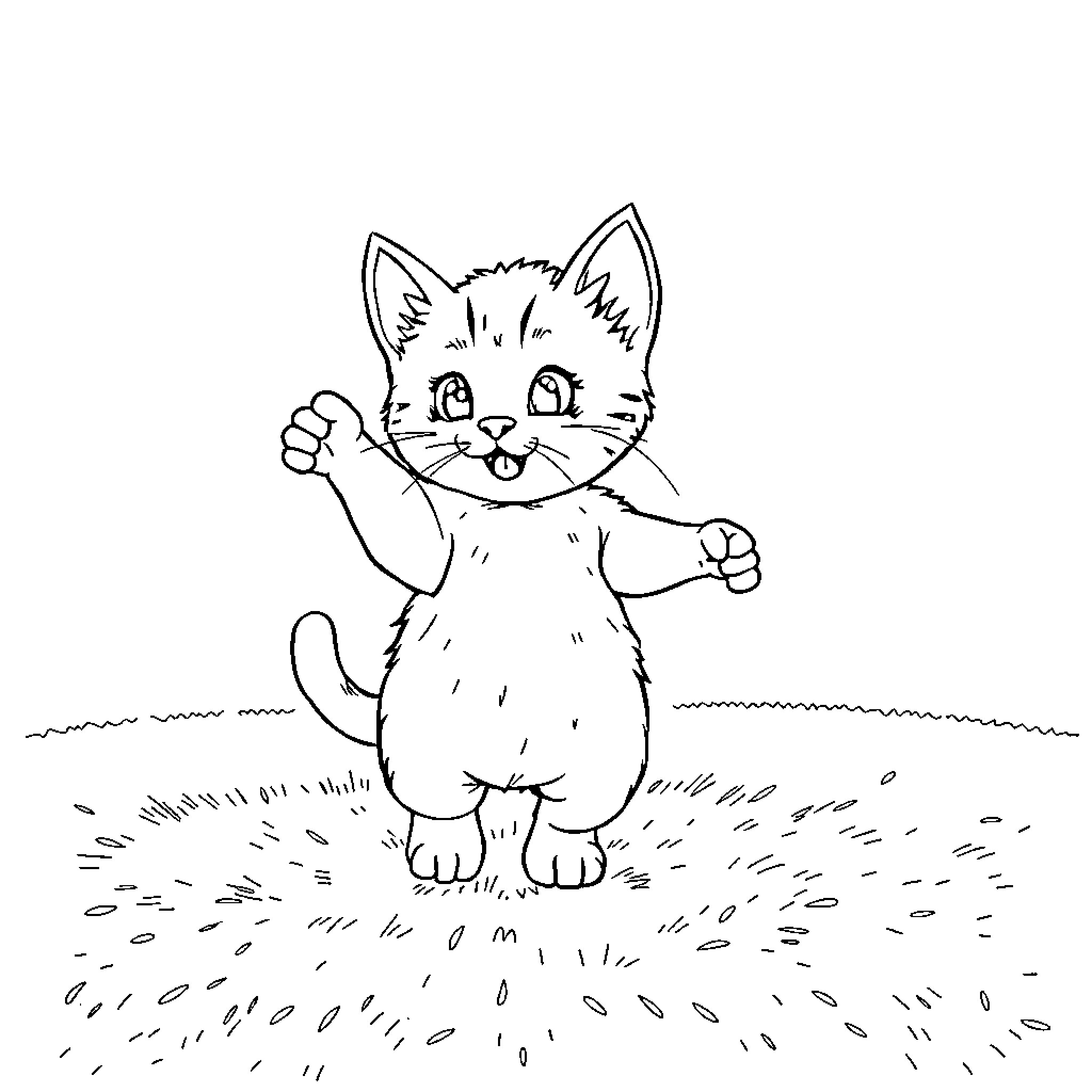 Cat happily waving on grassy field Coloring Page (free black-and-white line drawing printable PDF for all, from beginners to advanced learners, including children, teens, adults, and seniors)