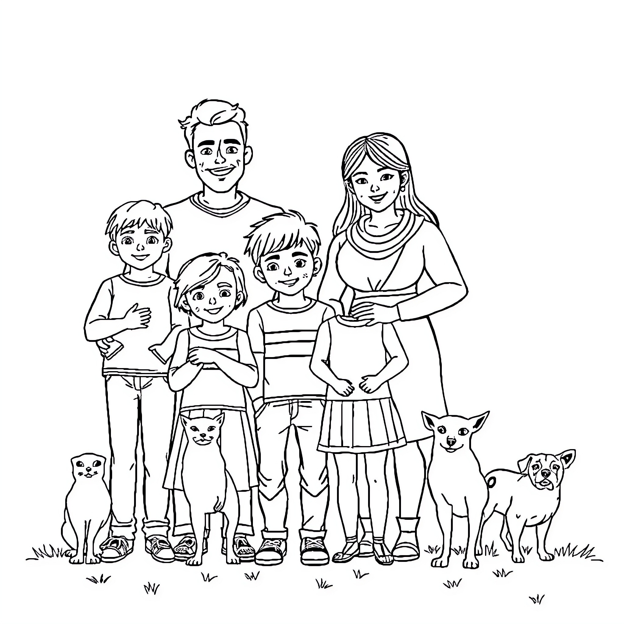 Family enjoying time together outdoors with pets Coloring Page (free black-and-white line drawing printable PDF for all, from beginners to advanced learners, including children, teens, adults, and seniors)