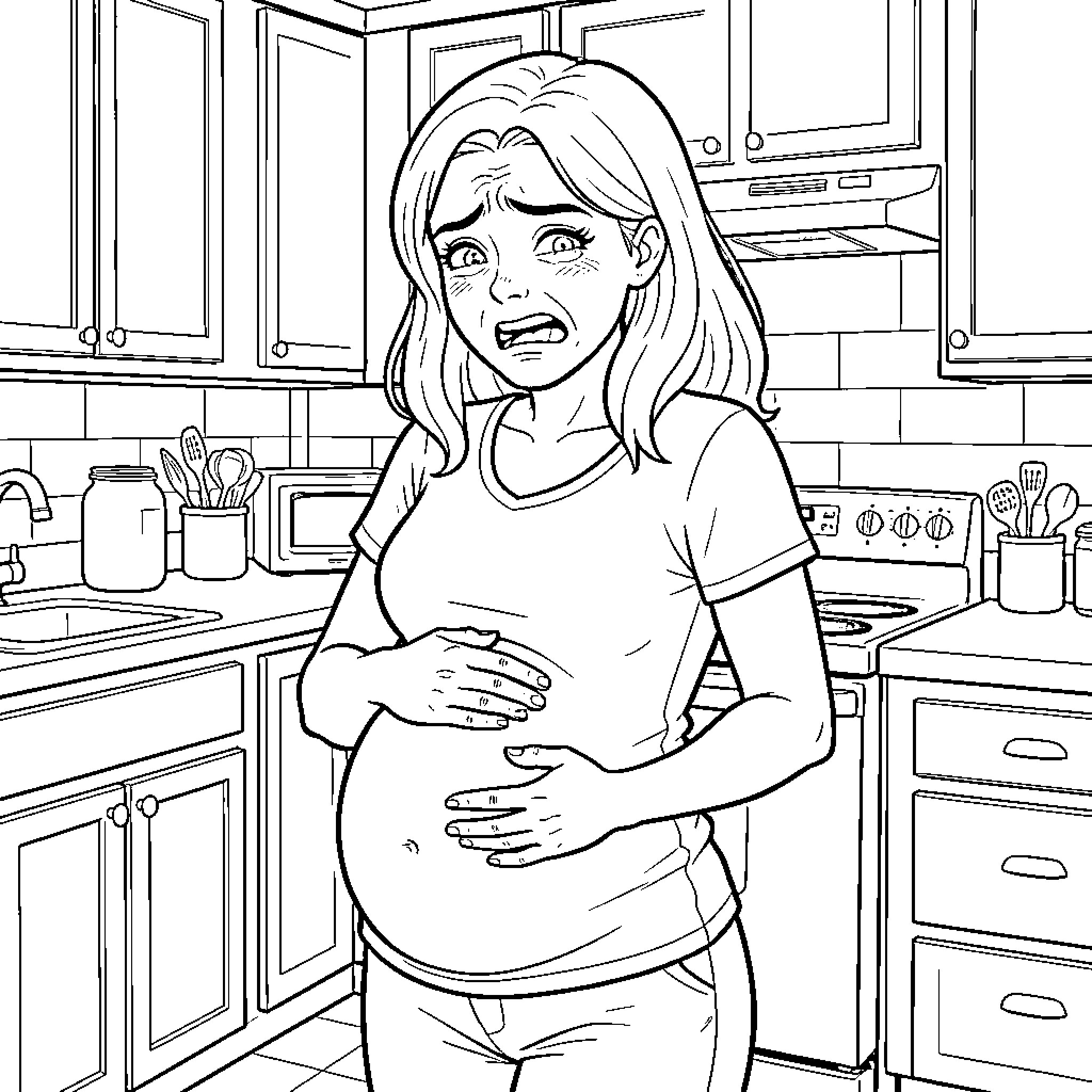 Woman in distress in the kitchen Coloring Page (free black-and-white line drawing printable PDF for all, from beginners to advanced learners, including children, teens, adults, and seniors)