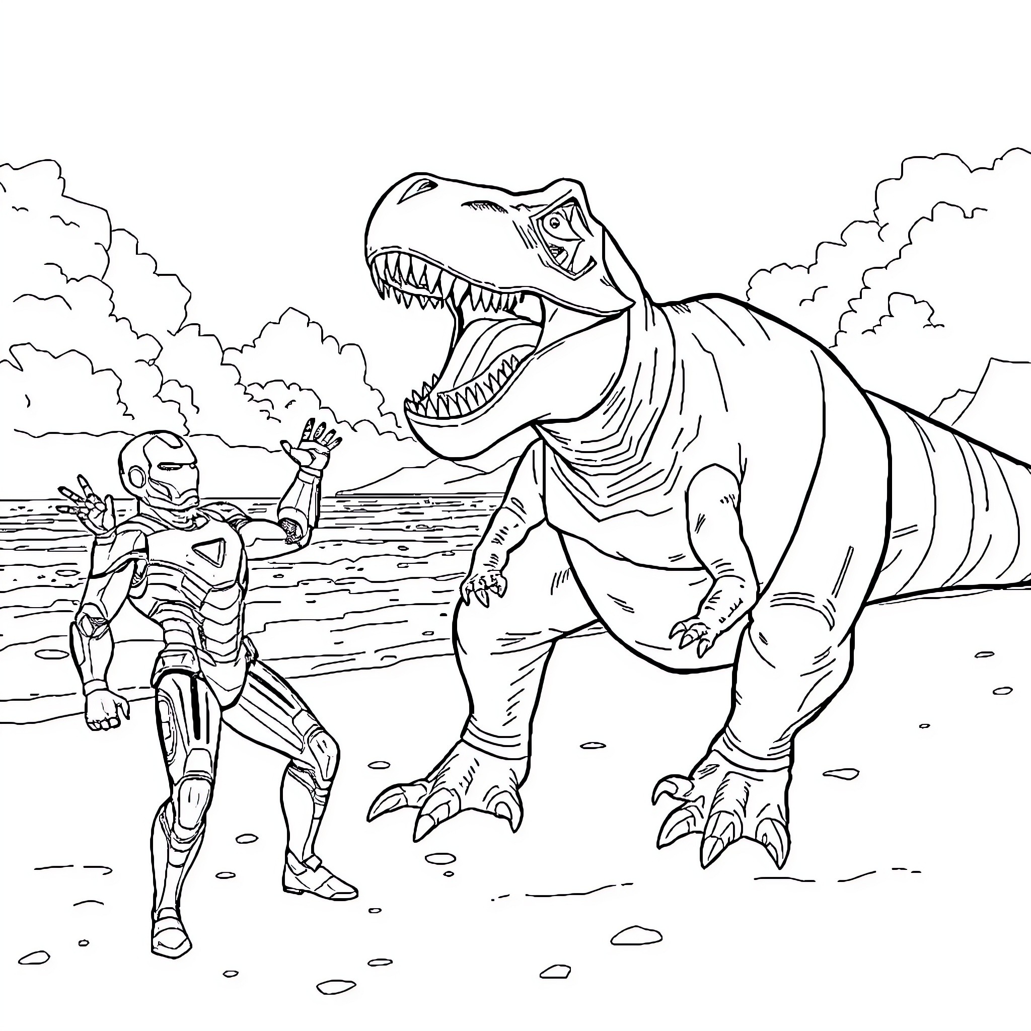 Iron Man confronting a fierce dinosaur Coloring Page (free black-and-white line drawing printable PDF for all, from beginners to advanced learners, including children, teens, adults, and seniors)