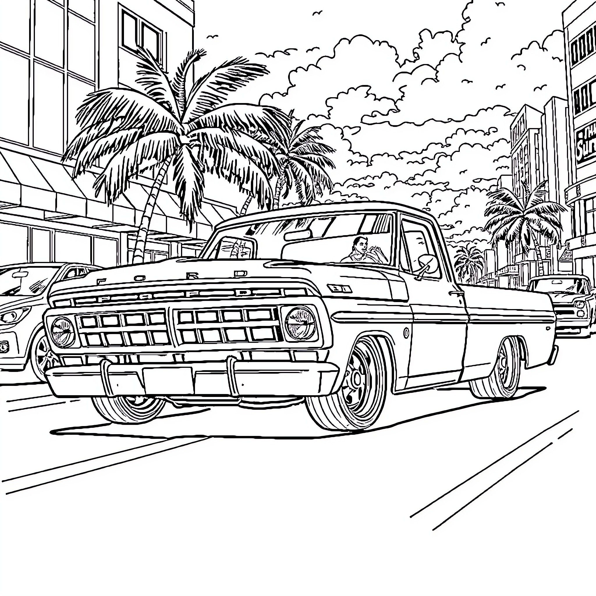 F100 Classic Truck in Tropical City Scene Coloring Page (free black-and-white line drawing printable PDF for all, from beginners to advanced learners, including children, teens, adults, and seniors)