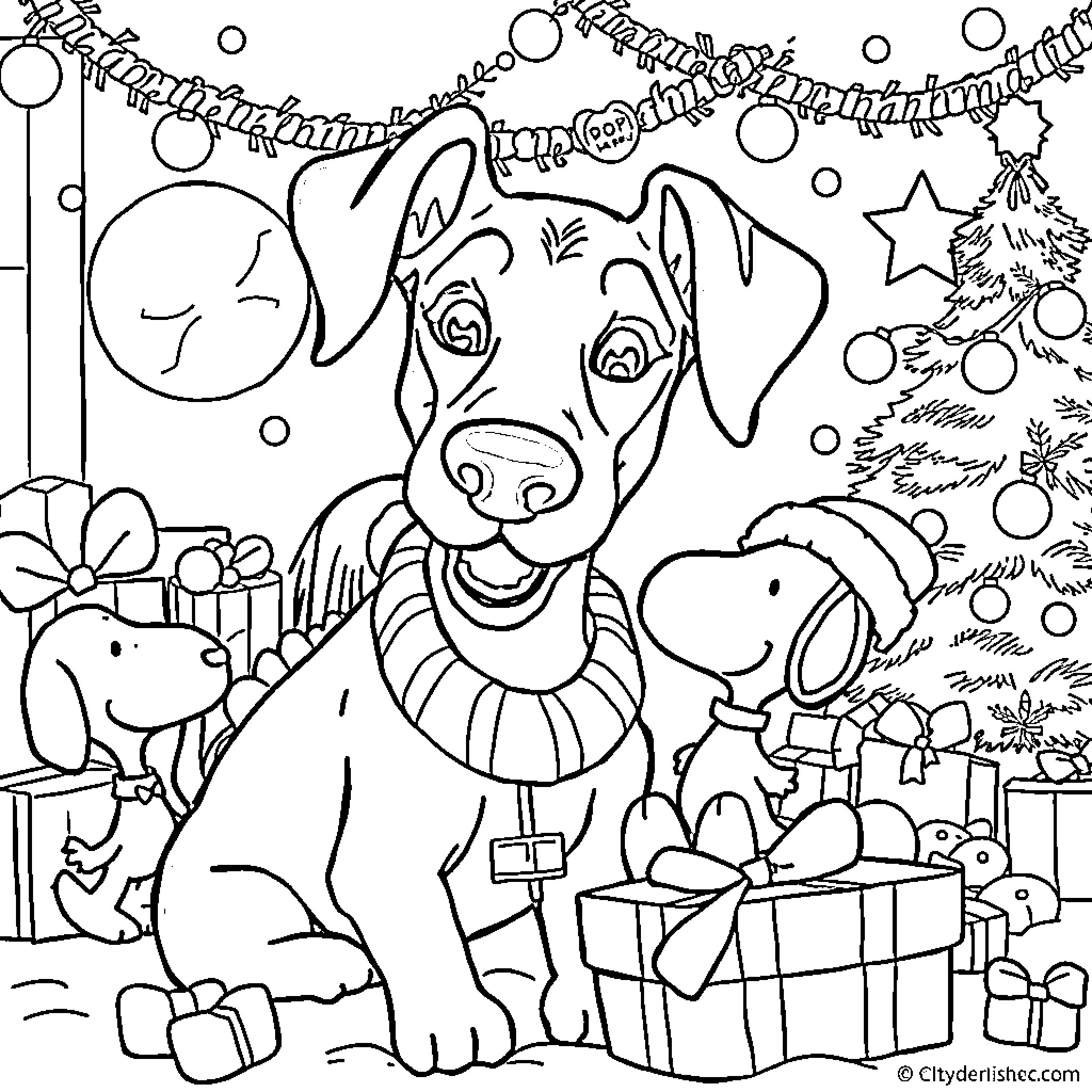 Doberman celebrating Christmas with presents and decorations Coloring Page (free black-and-white line drawing printable PDF for all, from beginners to advanced learners, including children, teens, adults, and seniors)