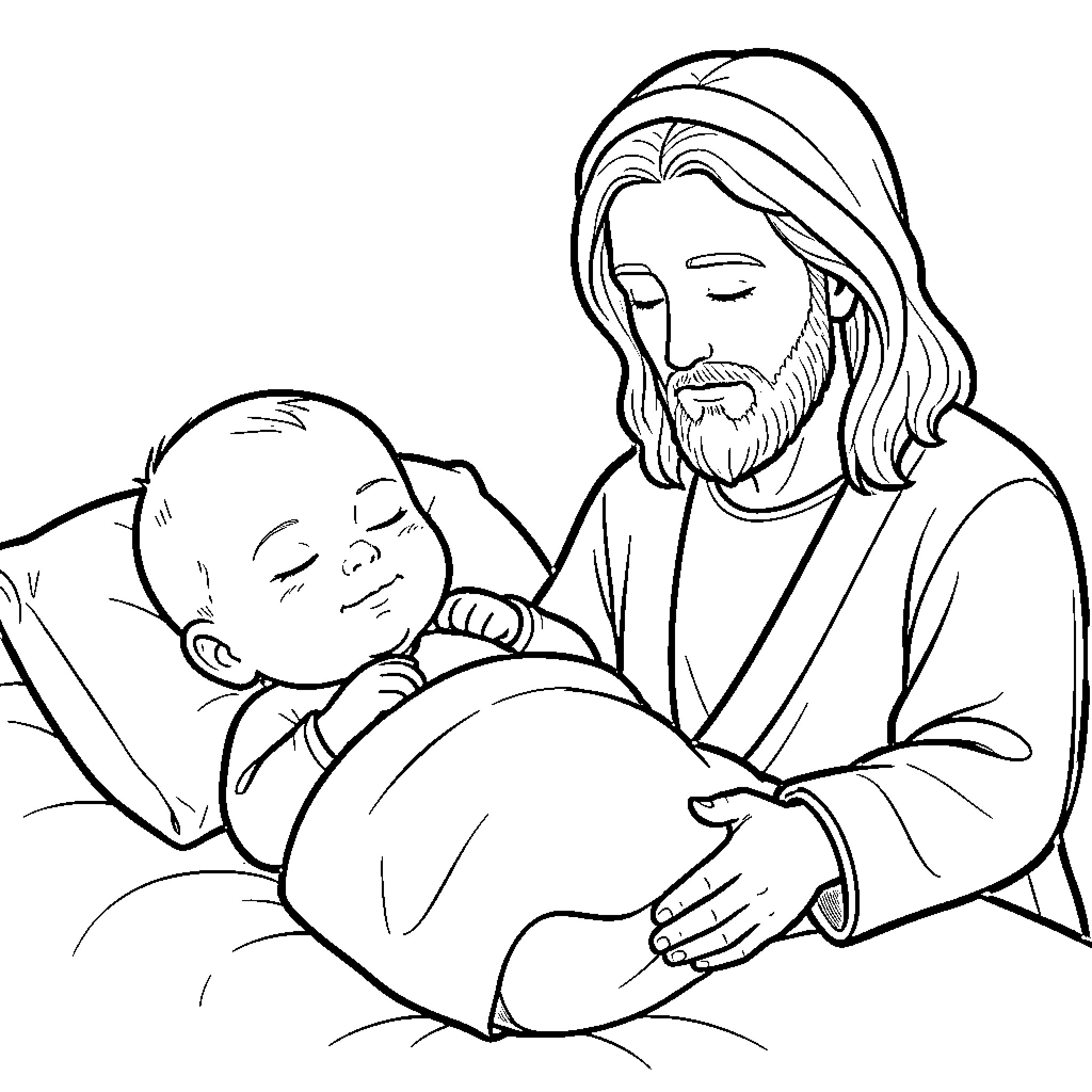 Baby sleeping peacefully while being watched by a man Coloring Page (free black-and-white line drawing printable PDF for all, from beginners to advanced learners, including children, teens, adults, and seniors)