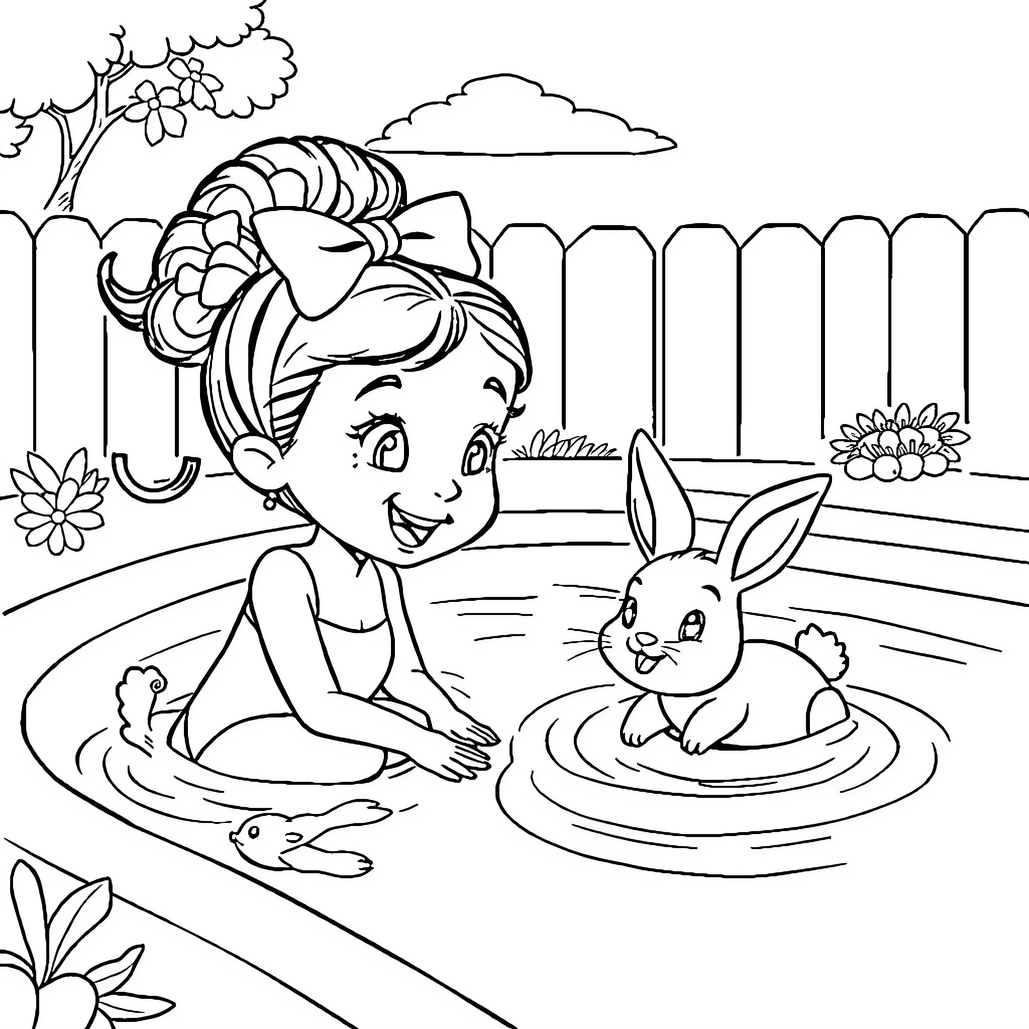 Gabby playing with bunnies in the backyard Coloring Page (free black-and-white line drawing printable PDF for all, from beginners to advanced learners, including children, teens, adults, and seniors)