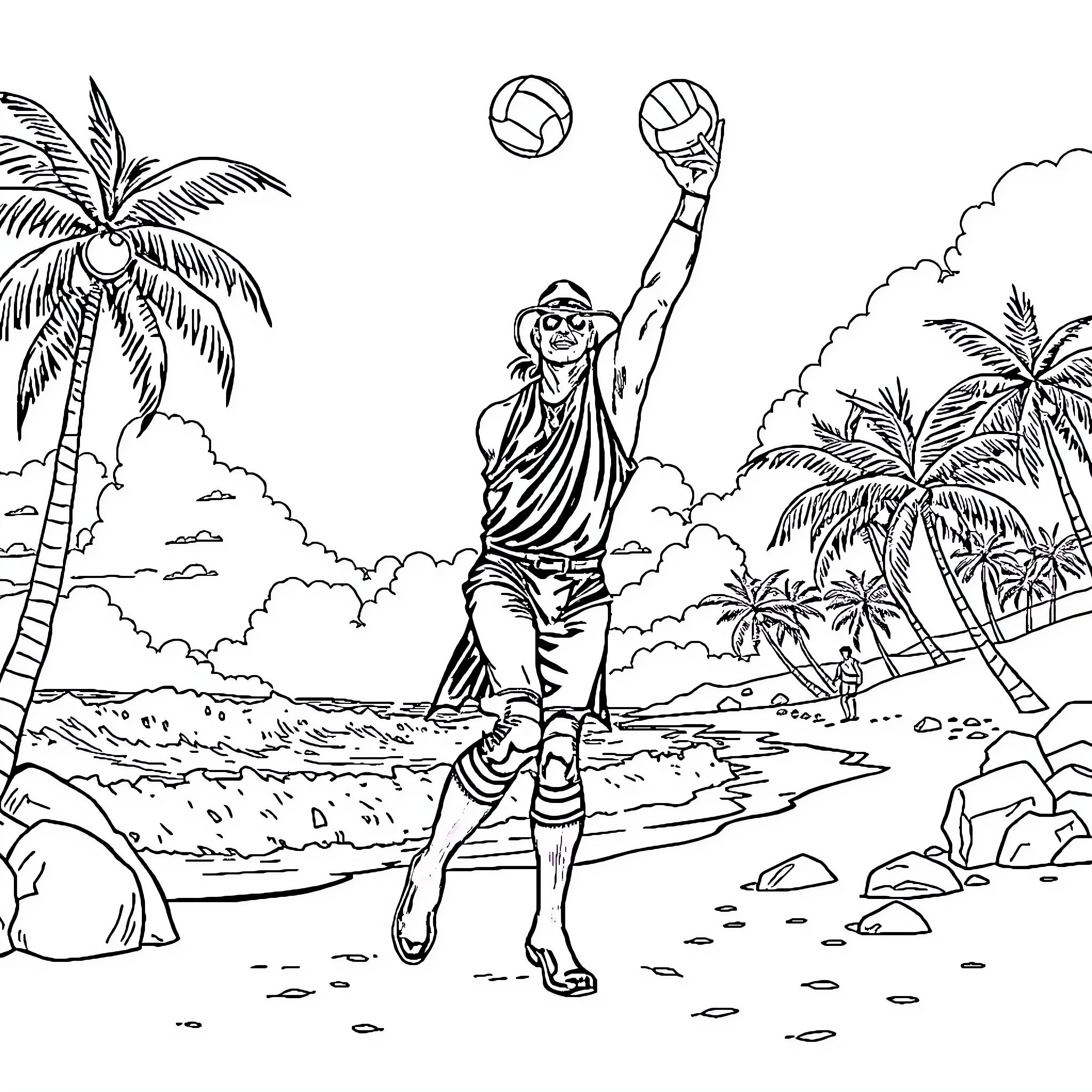 Undertaker playing volleyball on a tropical beach Coloring Page (free black-and-white line drawing printable PDF for all, from beginners to advanced learners, including children, teens, adults, and seniors)