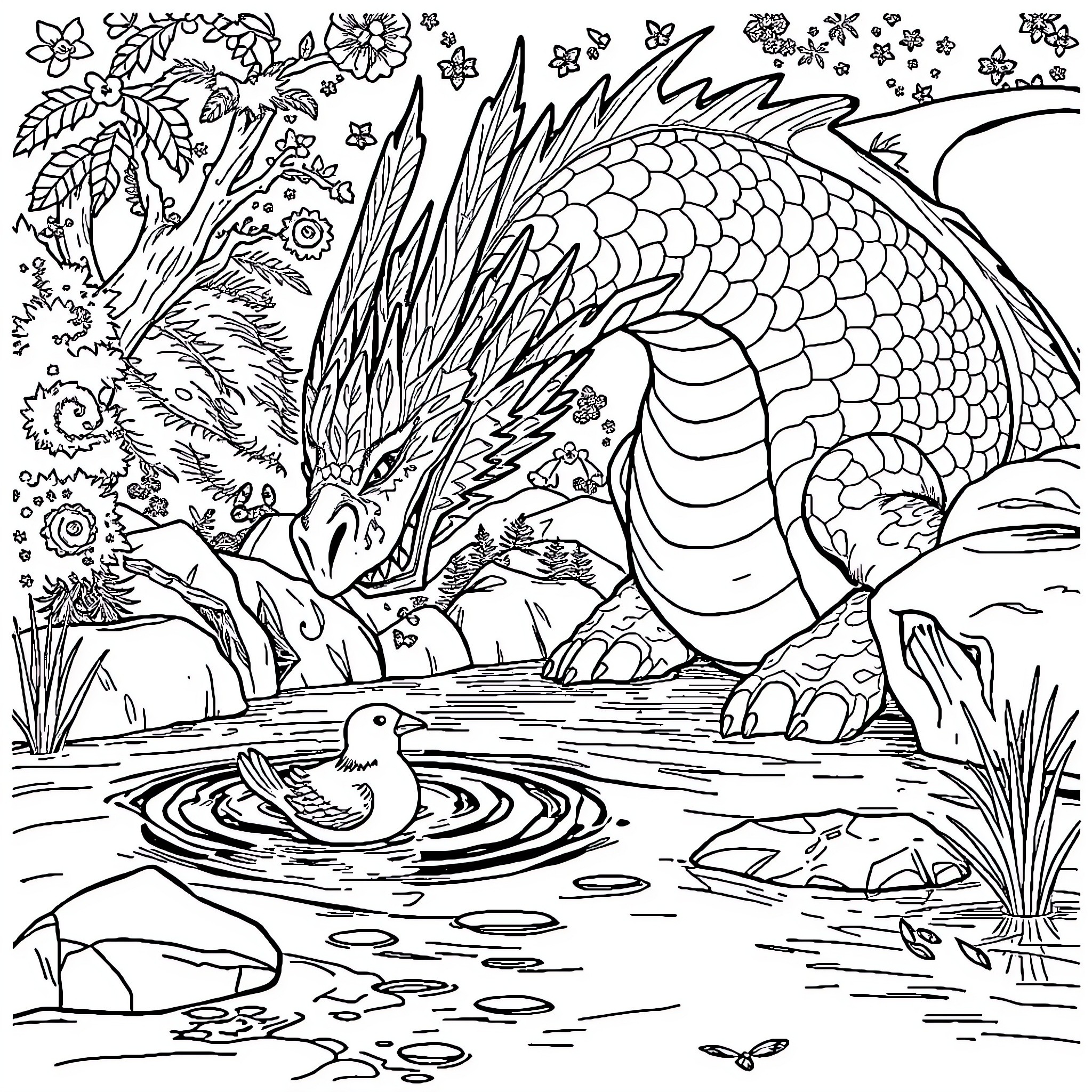Dragon swimming in the enchanted pond Coloring Page (free black-and-white line drawing printable PDF for all, from beginners to advanced learners, including children, teens, adults, and seniors)